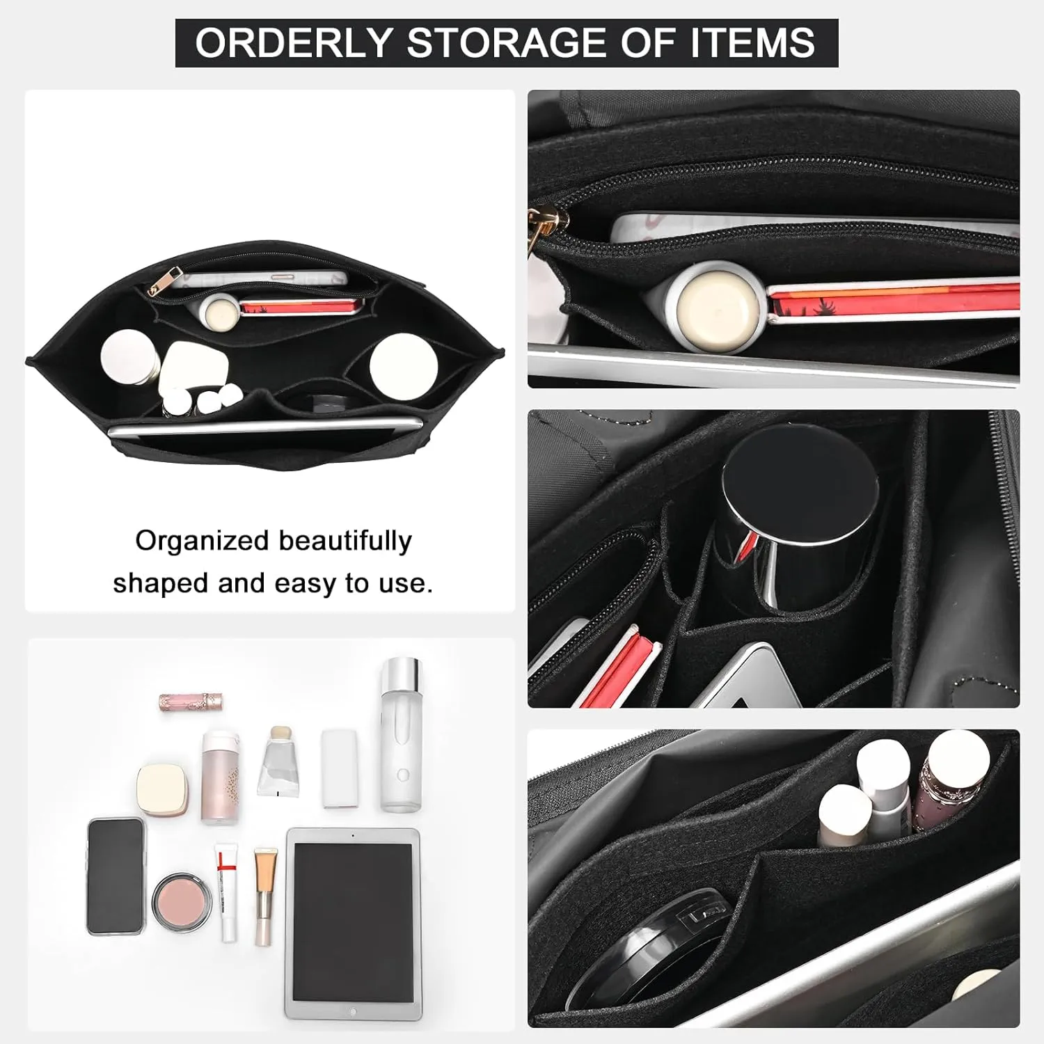 Felt Purse Organizer Insert for Longchamp Le Pliage M Handbag Insert (Medium, Black)