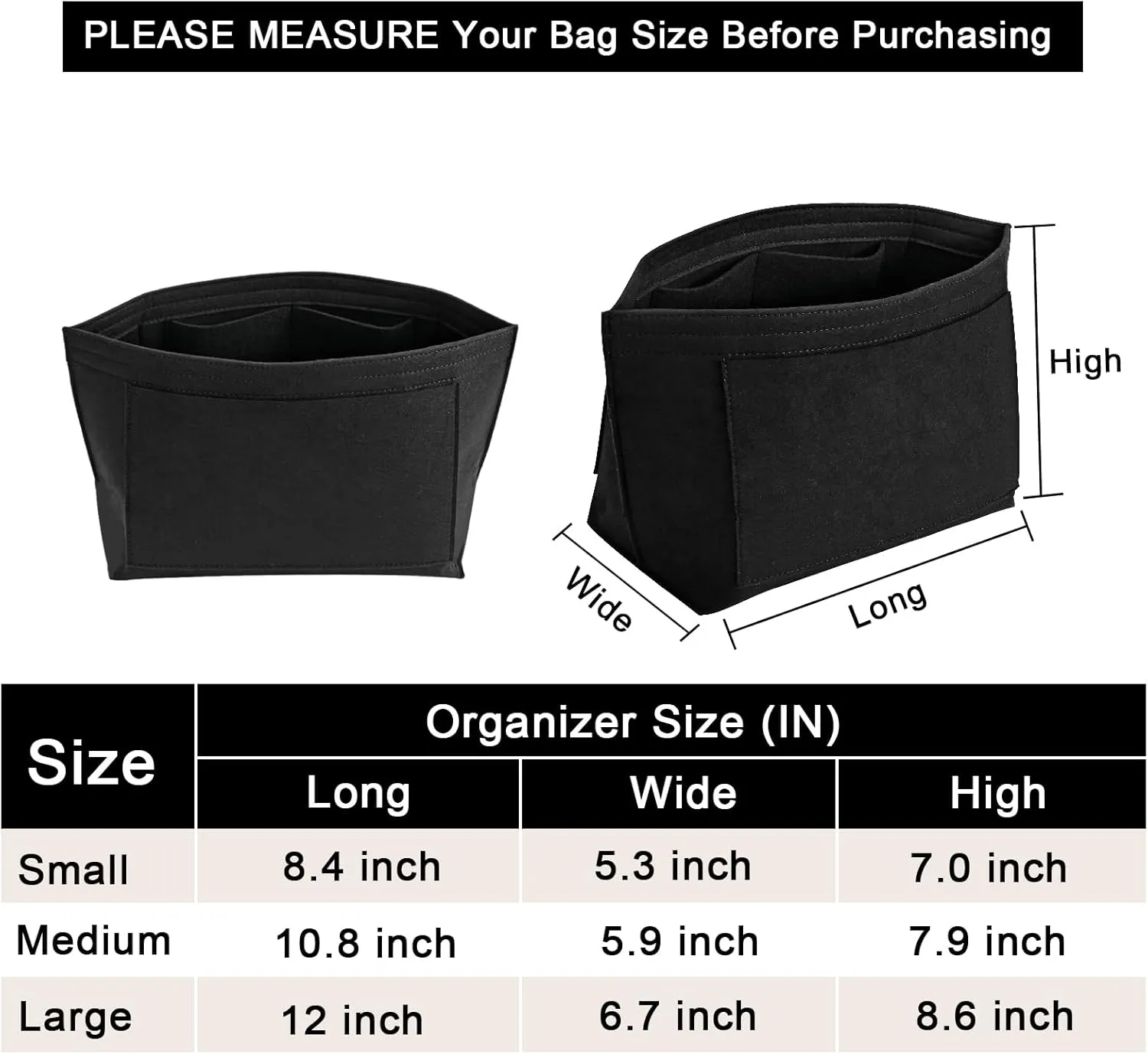 Felt Purse Organizer Insert for Longchamp Le Pliage M Handbag Insert (Medium, Black)