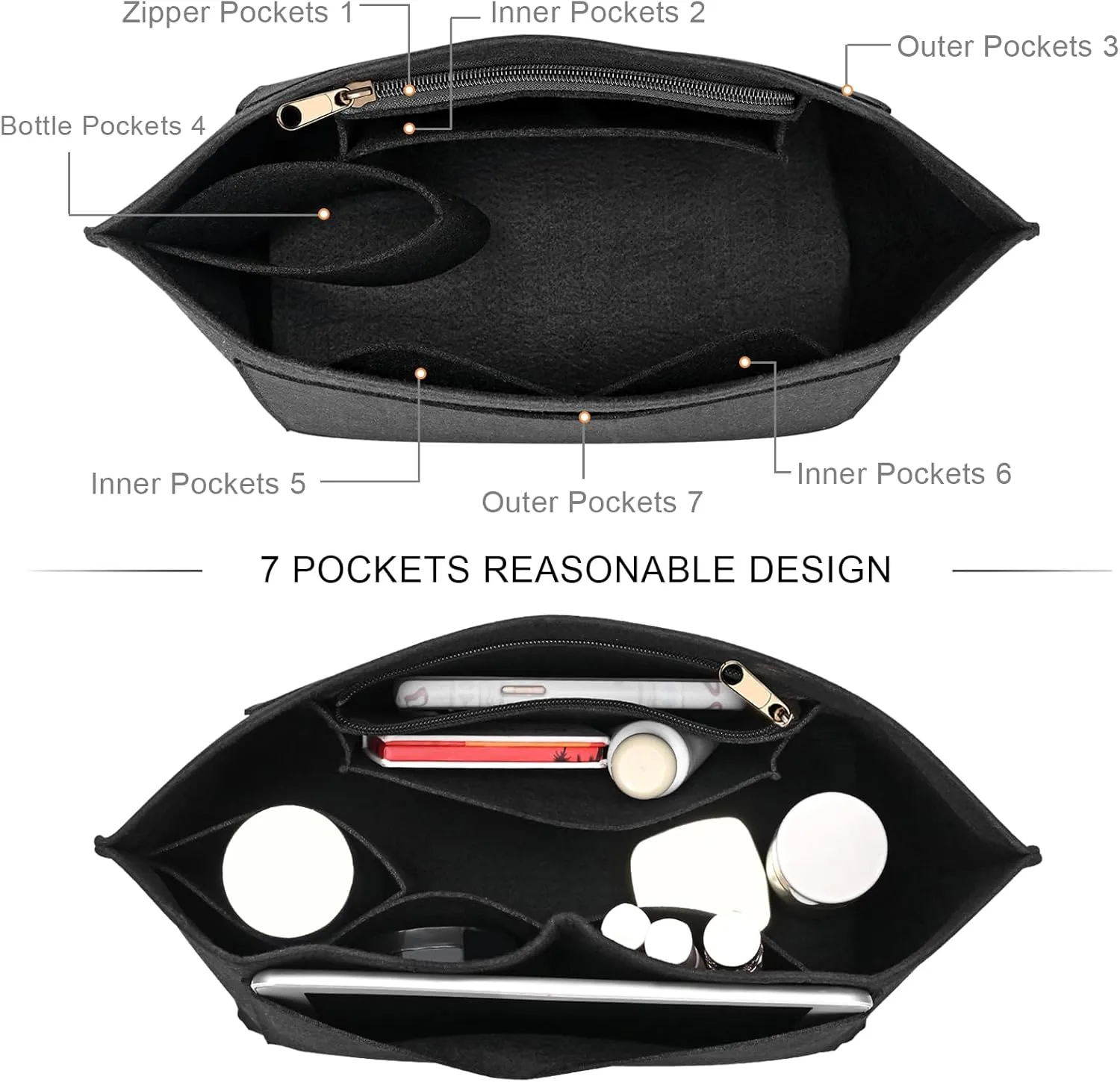 Felt Purse Organizer Insert for Longchamp Le Pliage M Handbag Insert (Medium, Black)