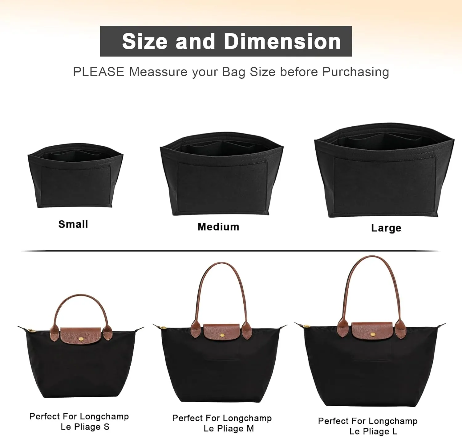 Felt Purse Organizer Insert for Longchamp Le Pliage M Handbag Insert (Medium, Black)