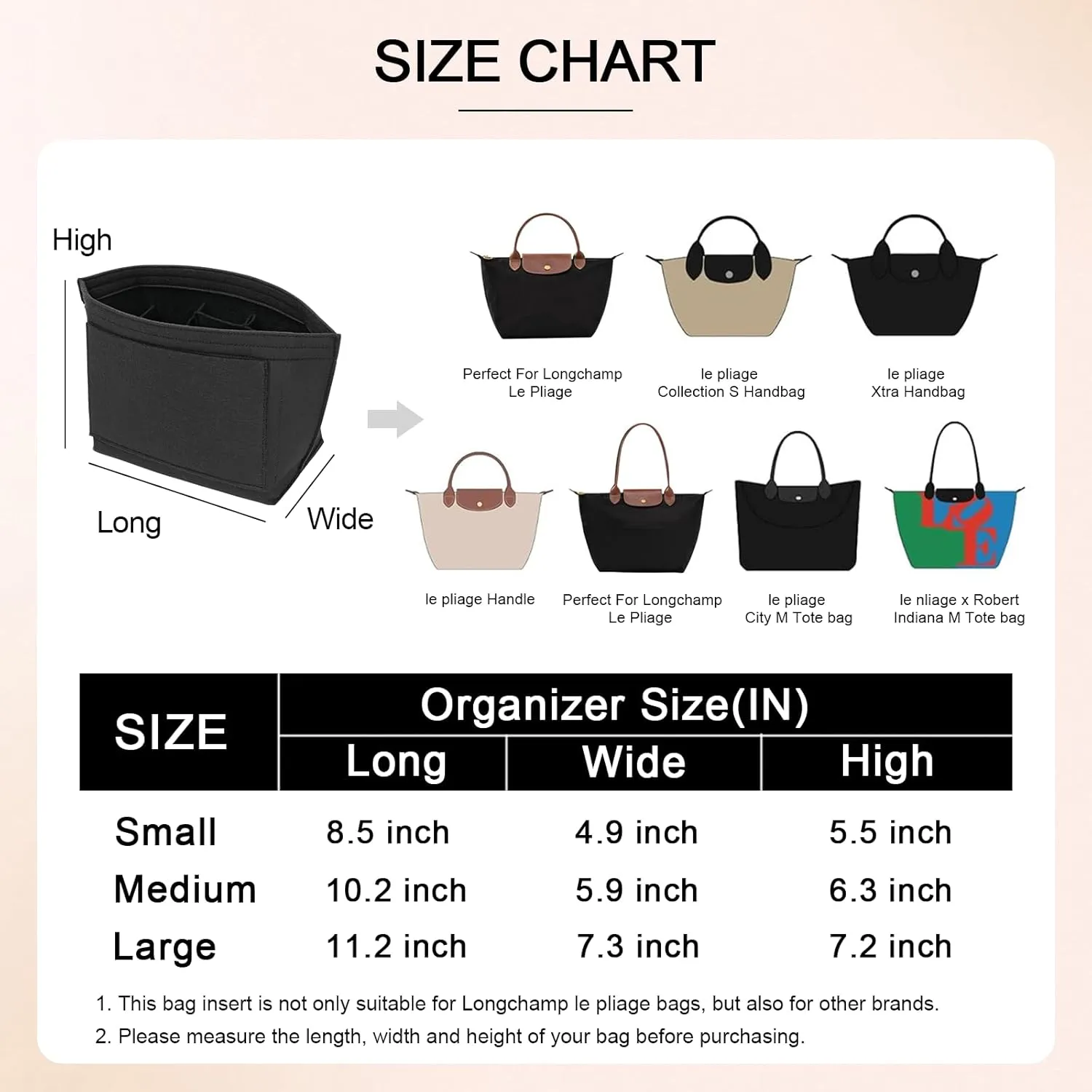 Felt Purse Organizer Inserts for Longchamp Le Pliage M Inserts HandBag (Black, Medium)