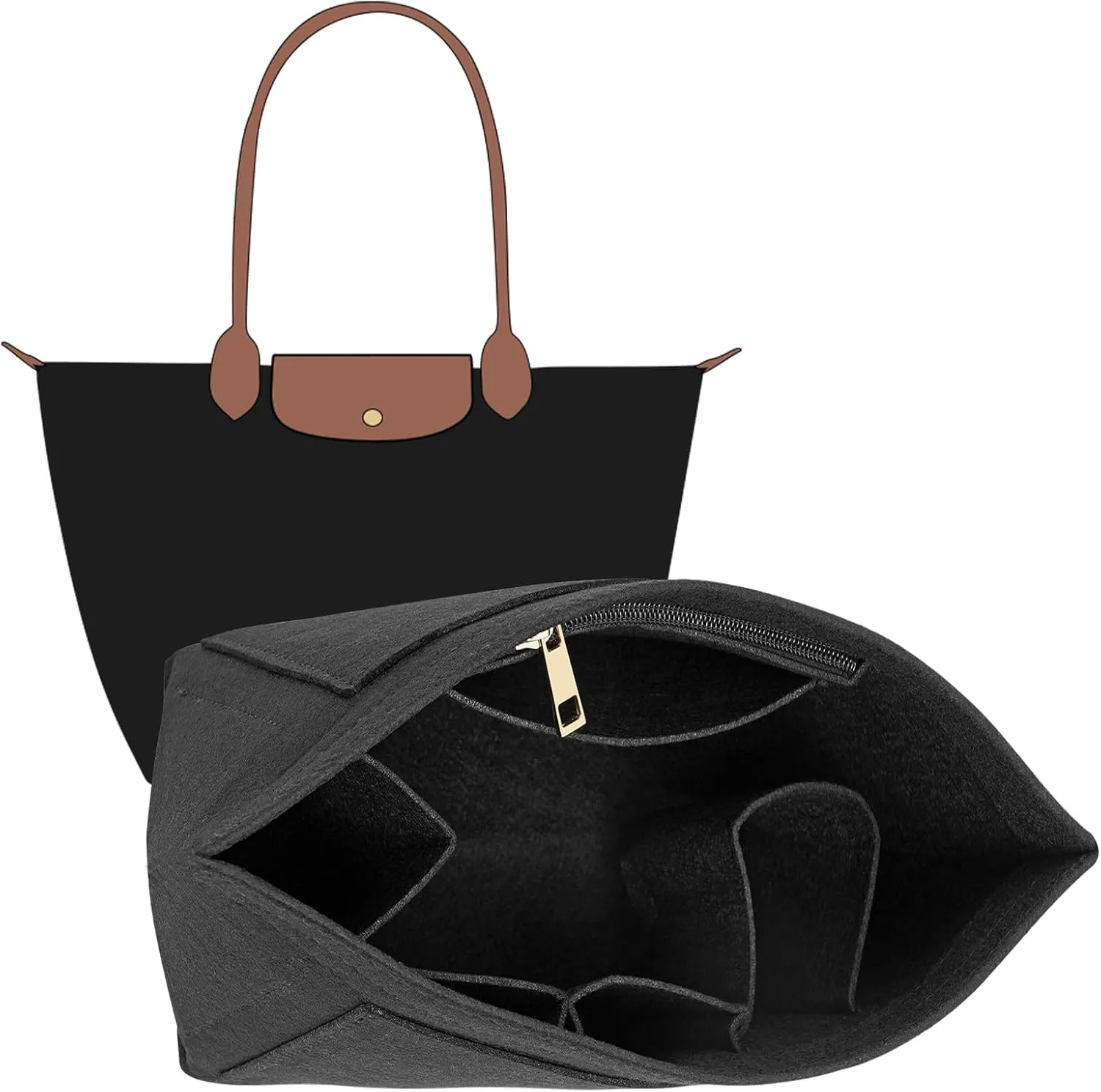 Felt Purse Organizer Inserts for Longchamp Le Pliage M Inserts HandBag (Black, Medium)