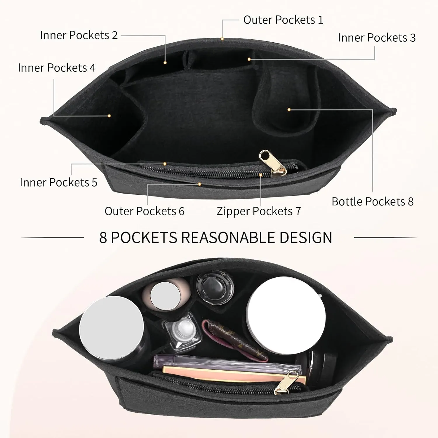 Felt Purse Organizer Inserts for Longchamp Le Pliage M Inserts HandBag (Black, Medium)
