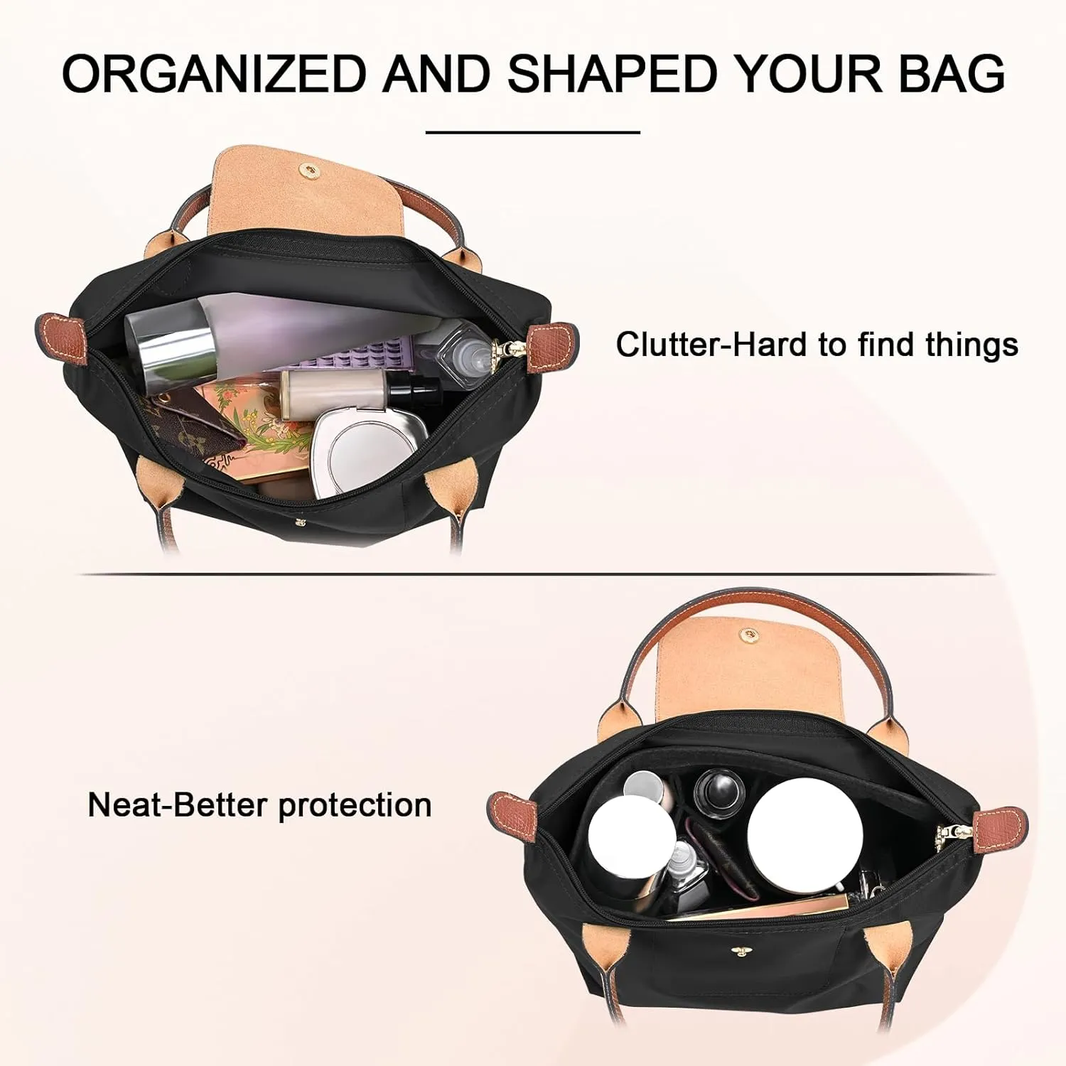 Felt Purse Organizer Inserts for Longchamp Le Pliage M Inserts HandBag (Black, Medium)