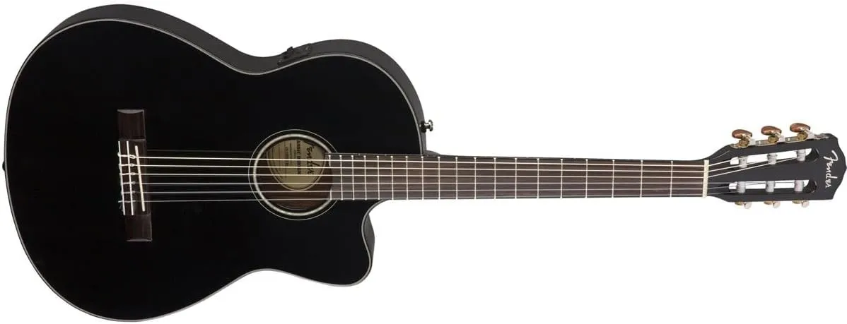 Fender CN-140SCE Thinline Concert Nylon String Acoustic Guitar, with 2-Year Warranty, Black, with Case