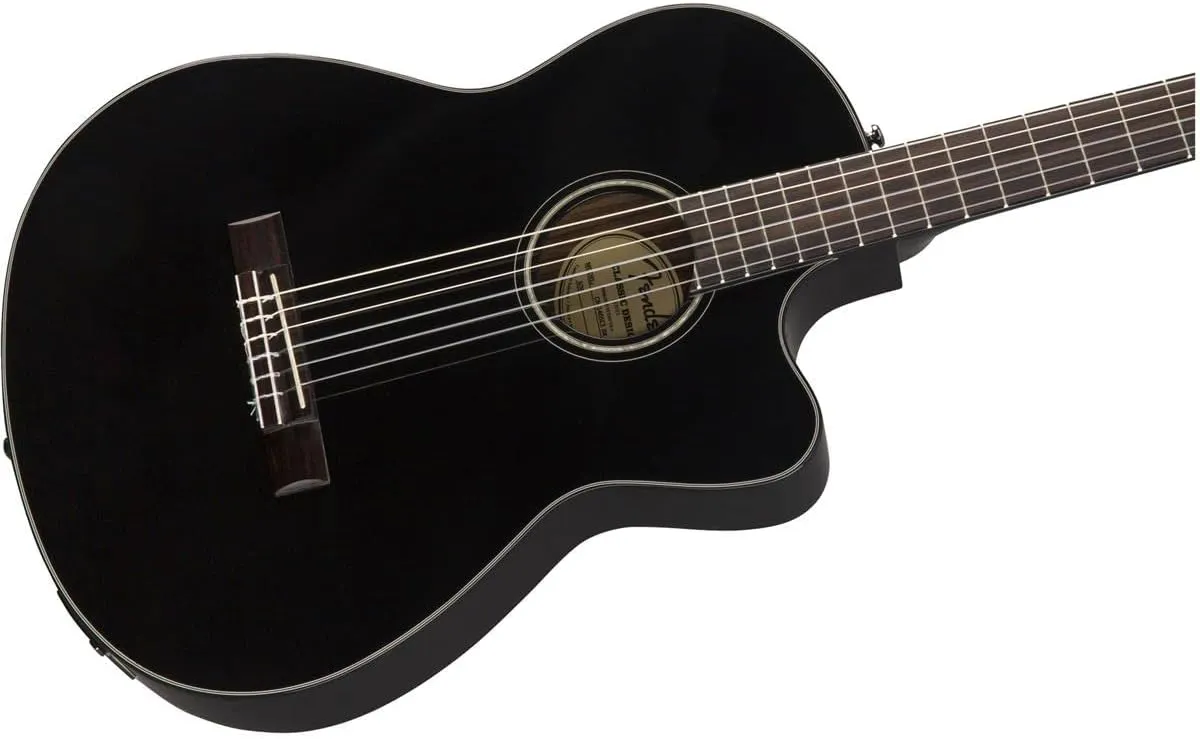 Fender CN-140SCE Thinline Concert Nylon String Acoustic Guitar, with 2-Year Warranty, Black, with Case