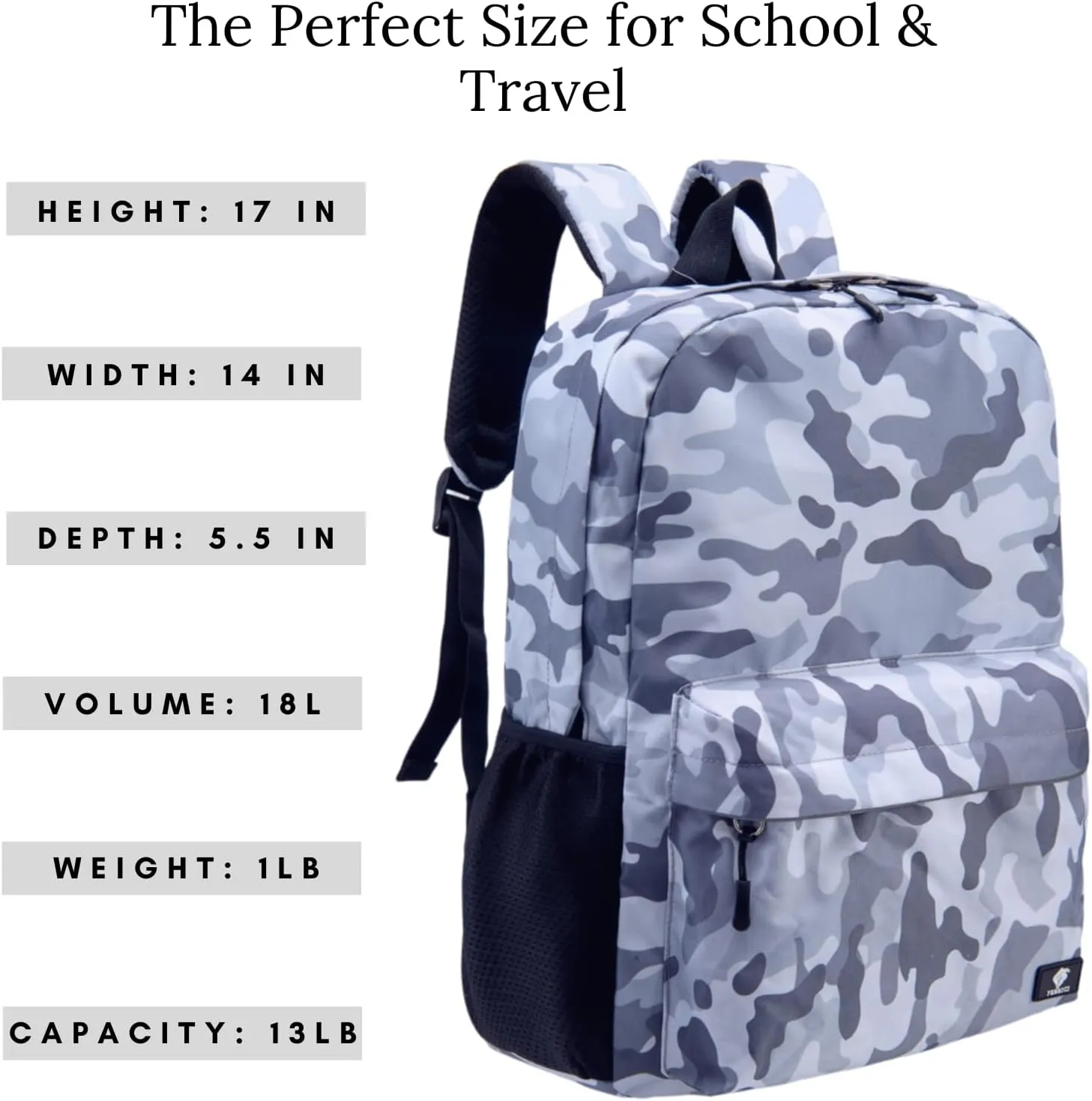 Fenrici Camo Backpack for Boys, Girls, Kids, Durable Kids' Backpack for School with Multiple Compartments, Bookbags with Padded Laptop Compartment, Camouflage, Grey, 17 Inch