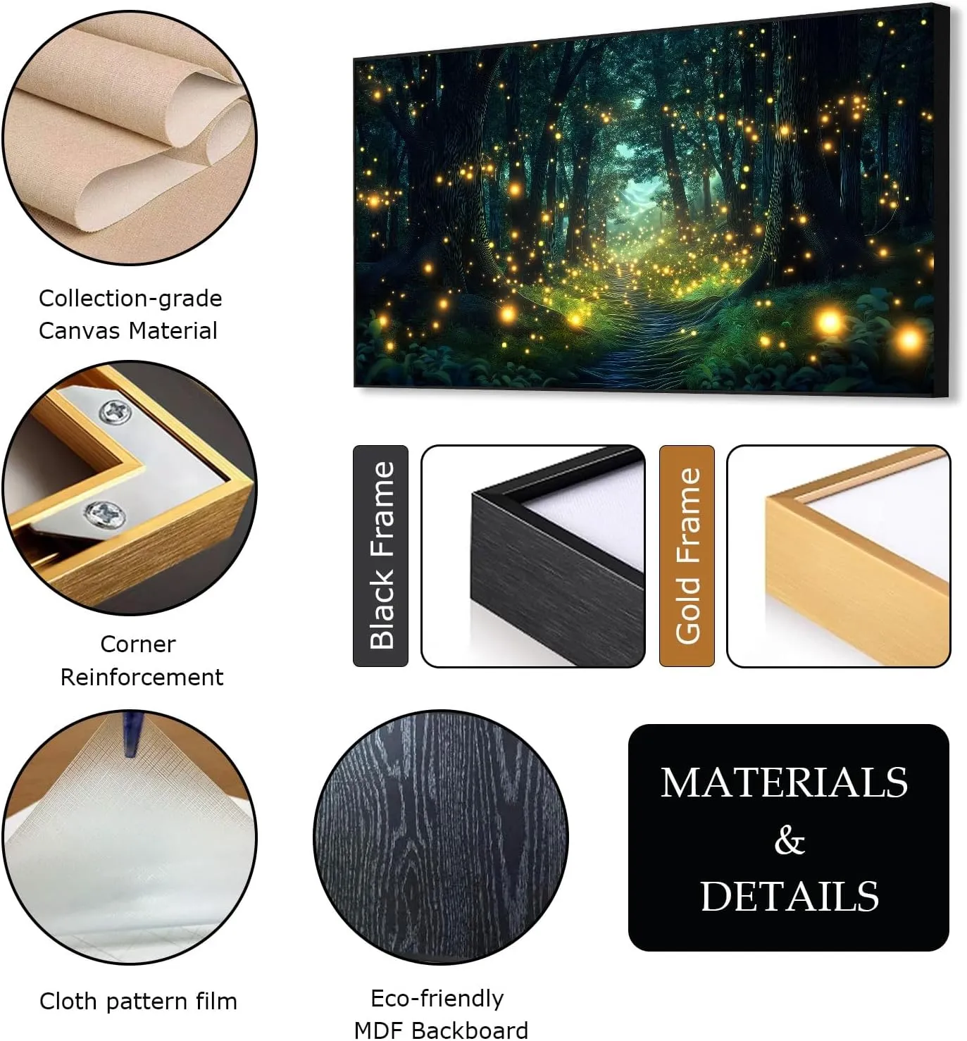Firefly Forest Canvas Wall Art, Fantasy Forest Canvas Wall Art, Woods Wall Art, Forest Trail Canvas Wall Art, Psychedelic Artwork, Nature Wall Decor, Living Room Bedroom Wall Decor (Gold Framed, 48"x27" | 122x68cm)