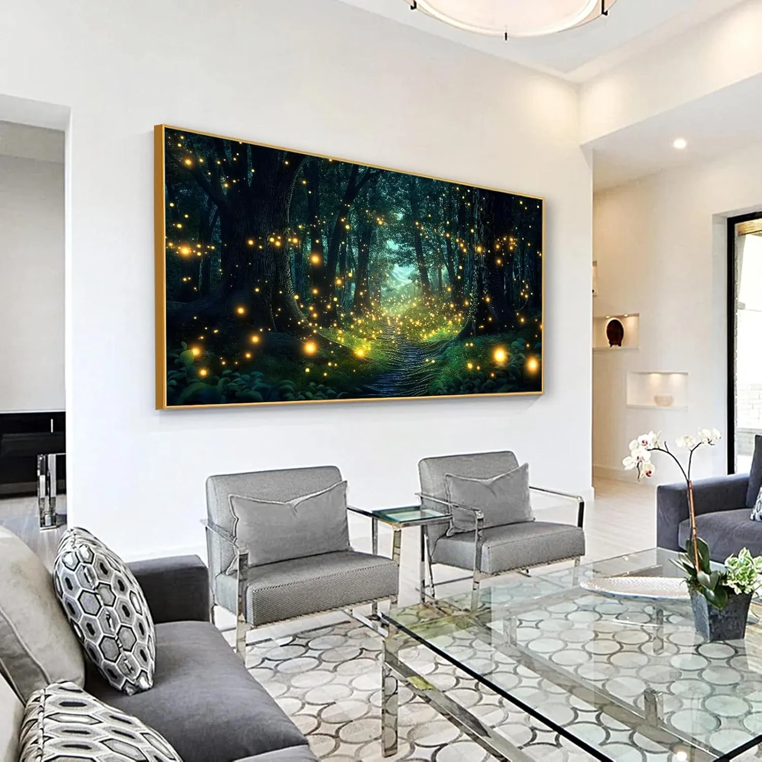 Firefly Forest Canvas Wall Art, Fantasy Forest Canvas Wall Art, Woods Wall Art, Forest Trail Canvas Wall Art, Psychedelic Artwork, Nature Wall Decor, Living Room Bedroom Wall Decor (Gold Framed, 48"x27" | 122x68cm)