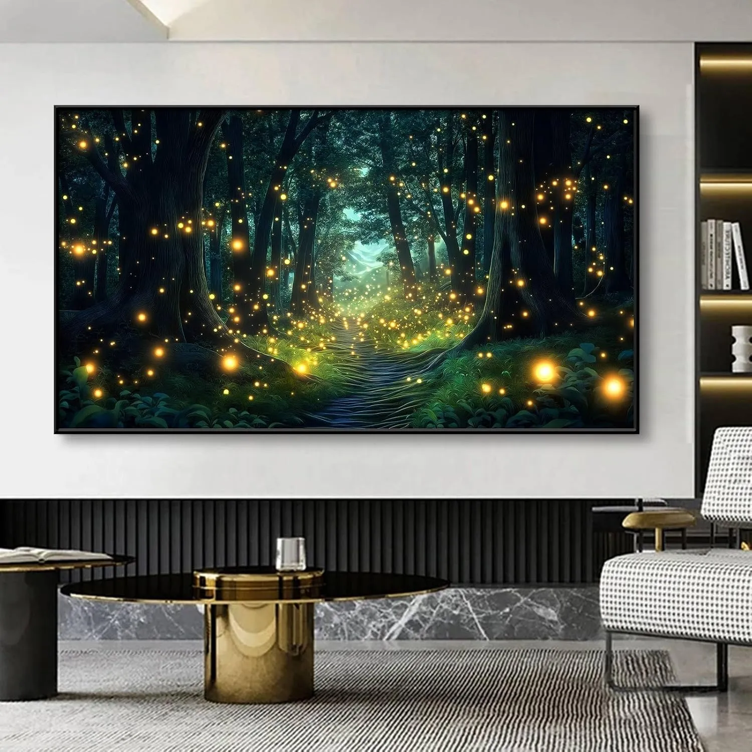 Firefly Forest Canvas Wall Art, Fantasy Forest Canvas Wall Art, Woods Wall Art, Forest Trail Canvas Wall Art, Psychedelic Artwork, Nature Wall Decor, Living Room Bedroom Wall Decor (Gold Framed, 48"x27" | 122x68cm)