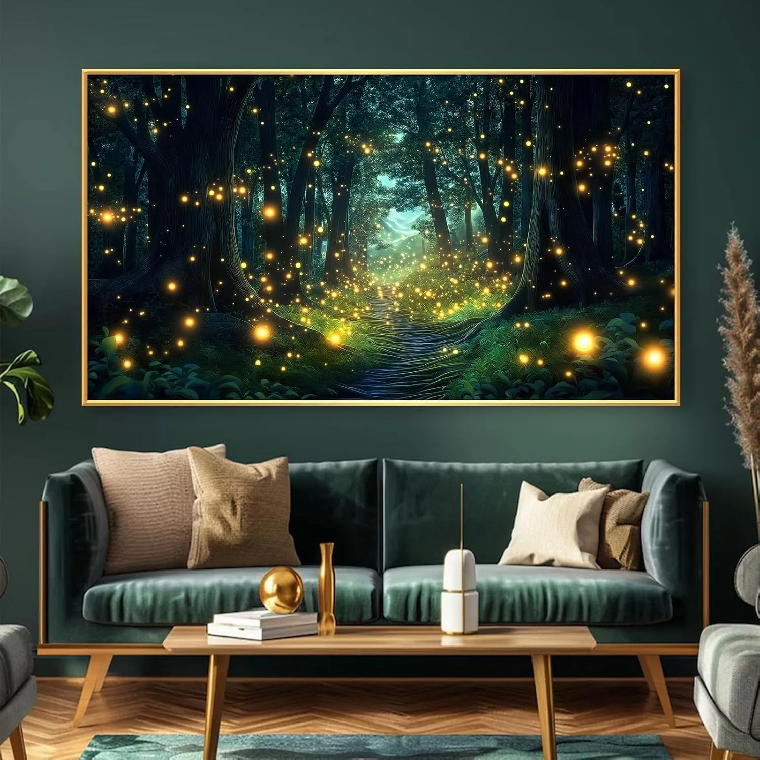 Firefly Forest Canvas Wall Art, Fantasy Forest Canvas Wall Art, Woods Wall Art, Forest Trail Canvas Wall Art, Psychedelic Artwork, Nature Wall Decor, Living Room Bedroom Wall Decor (Gold Framed, 48"x27" | 122x68cm)