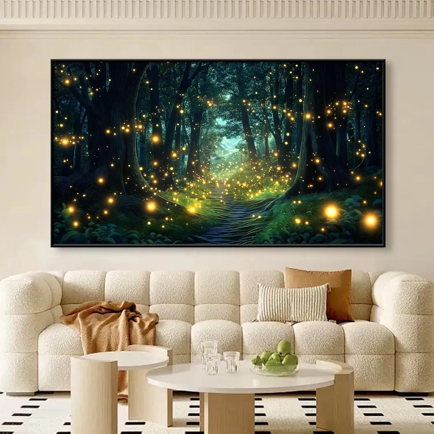 Firefly Forest Canvas Wall Art, Fantasy Forest Canvas Wall Art, Woods Wall Art, Forest Trail Canvas Wall Art, Psychedelic Artwork, Nature Wall Decor, Living Room Bedroom Wall Decor (Gold Framed, 48"x27" | 122x68cm)
