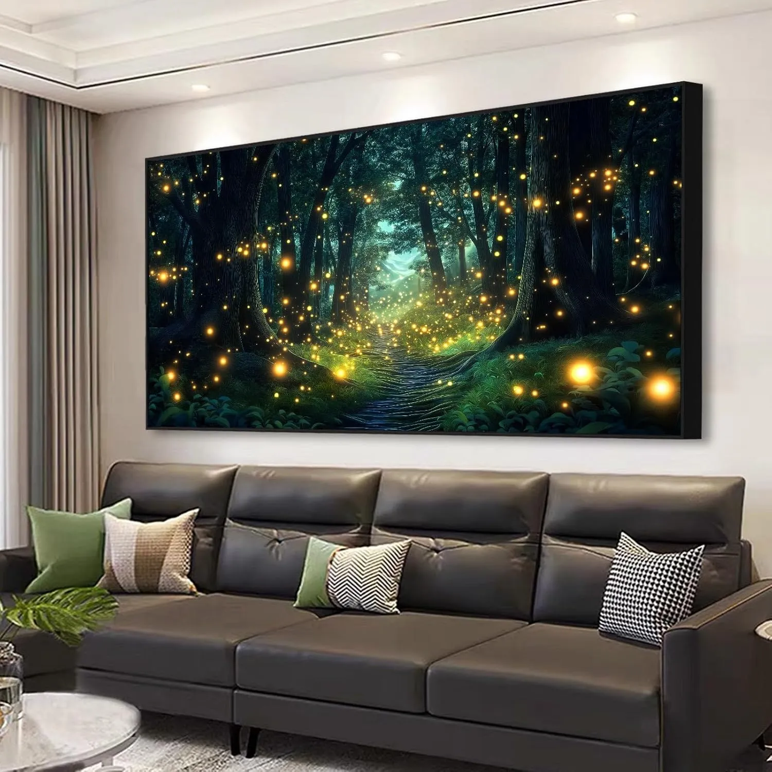 Firefly Forest Canvas Wall Art, Fantasy Forest Canvas Wall Art, Woods Wall Art, Forest Trail Canvas Wall Art, Psychedelic Artwork, Nature Wall Decor, Living Room Bedroom Wall Decor (Gold Framed, 48"x27" | 122x68cm)