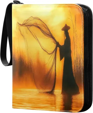 Fisherman Casting Fishing Net Cards Binder 4 Pocket Fits 400 Cards with 50 Removable Sleevesves, Trading Card Collector Zipper Album Holder Portable Card Games Display Storage Cases