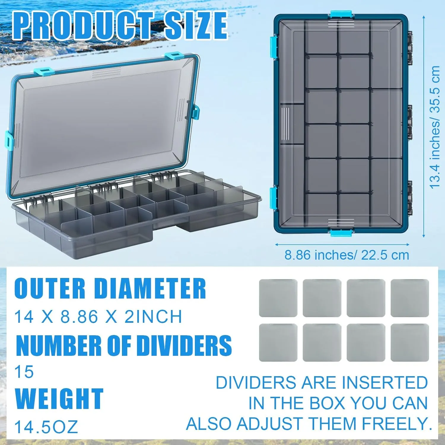 Fishing Tackle Boxes Waterproof 3700 Tackle Trays with Removable Dividers Plastic Storage Organizer Bait Vault Camouflage Box for Freshwater Saltwater (Blue)