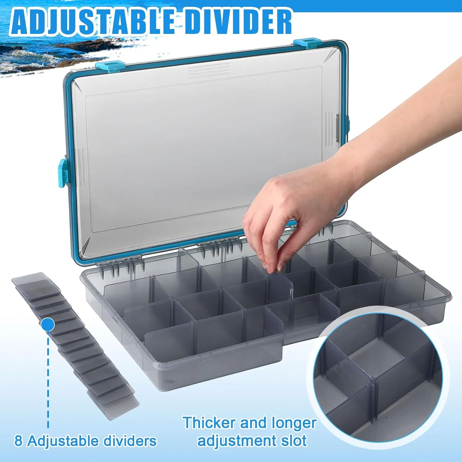Fishing Tackle Boxes Waterproof 3700 Tackle Trays with Removable Dividers Plastic Storage Organizer Bait Vault Camouflage Box for Freshwater Saltwater (Blue)