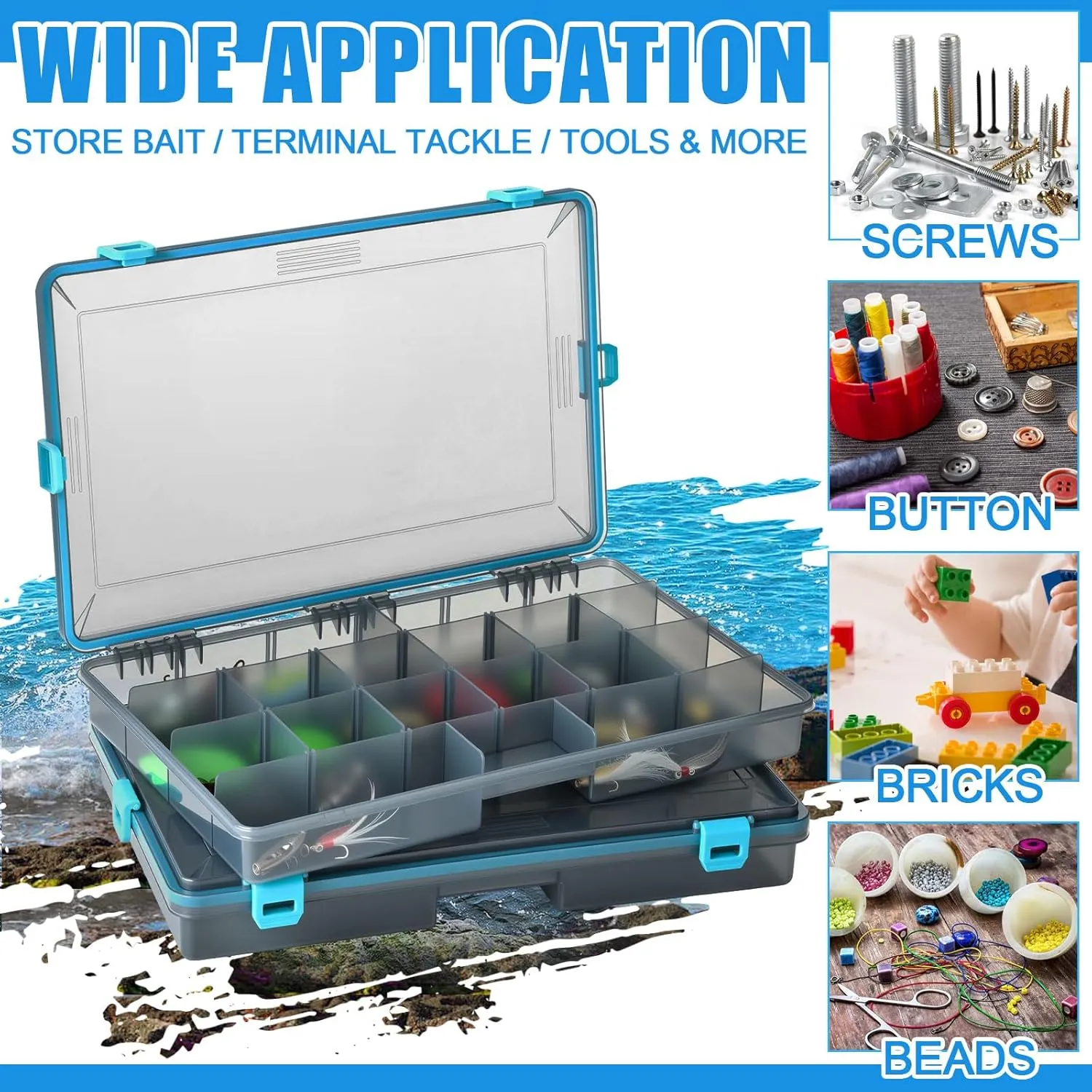 Fishing Tackle Boxes Waterproof 3700 Tackle Trays with Removable Dividers Plastic Storage Organizer Bait Vault Camouflage Box for Freshwater Saltwater (Blue)