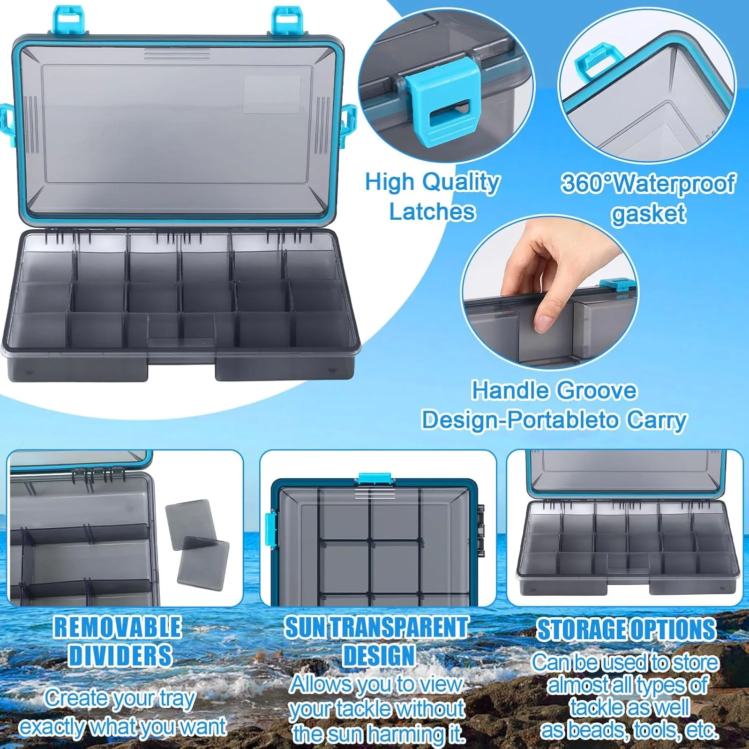 Fishing Tackle Boxes Waterproof 3700 Tackle Trays with Removable Dividers Plastic Storage Organizer Bait Vault Camouflage Box for Freshwater Saltwater (Blue)
