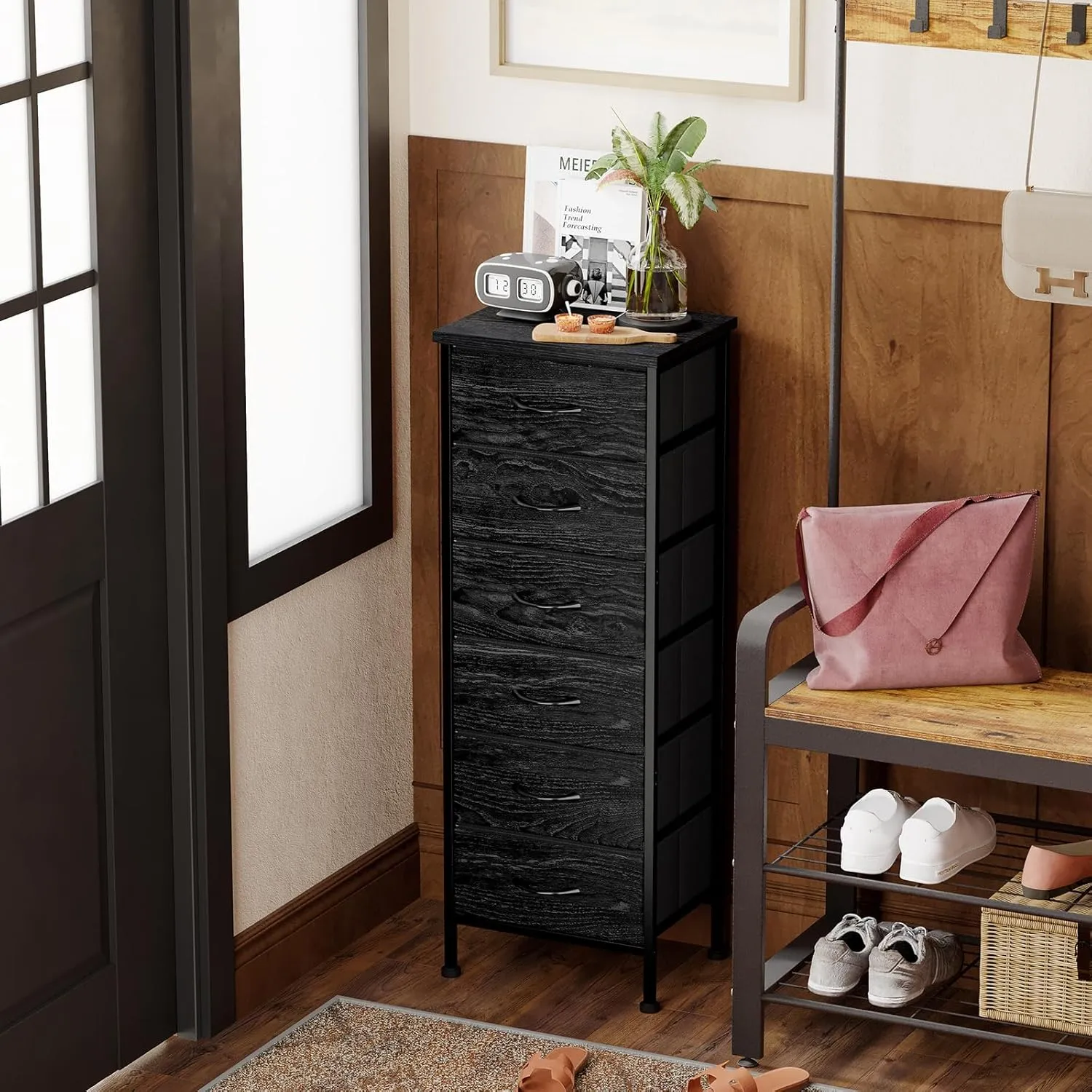 Fixwal Black Oak Tall Dresser for Bedroom, Storage Dresser Organizer with 6 Fabric Drawers, Nightstand Furniture in Closet, Entryway, Hallway, Living Room
