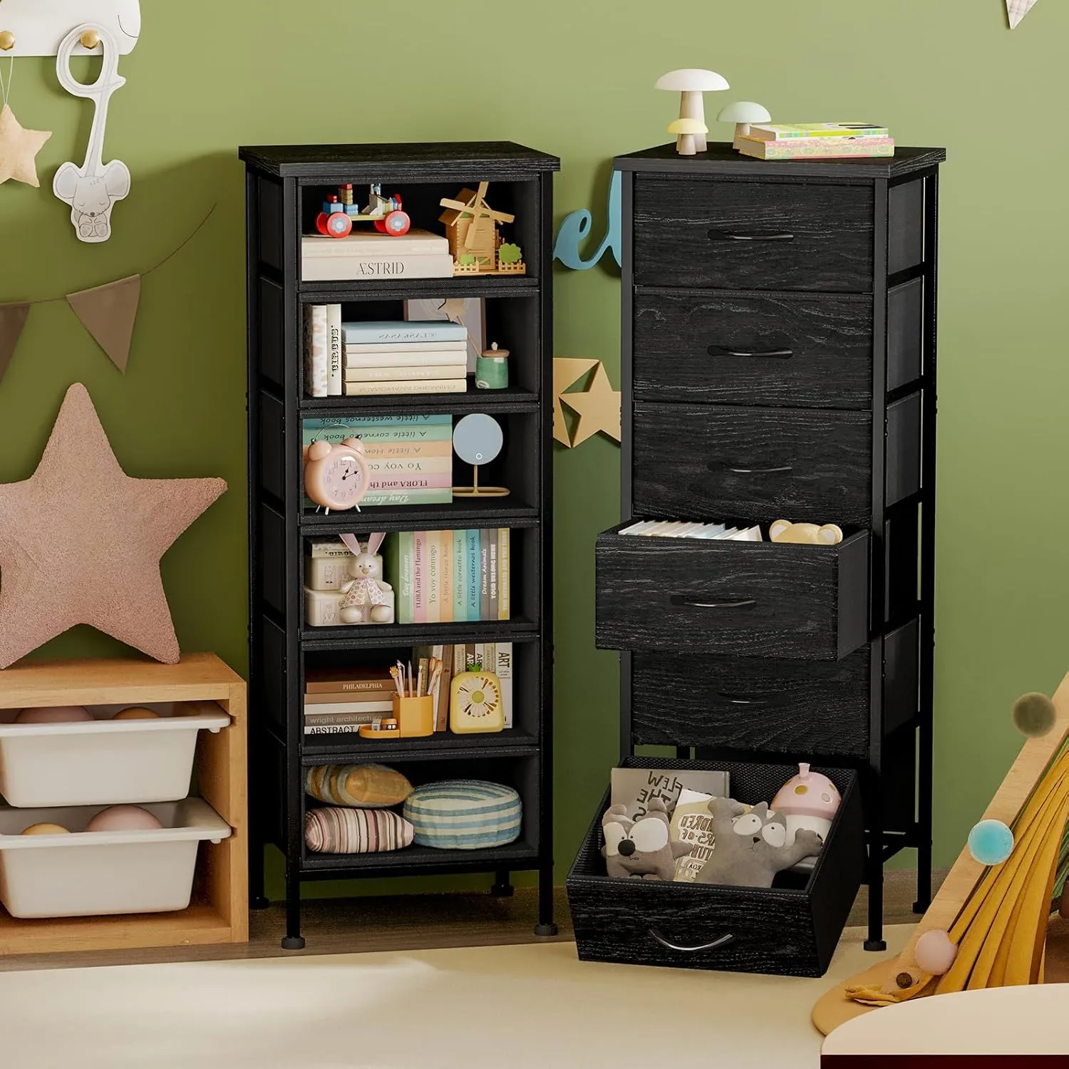 Fixwal Black Oak Tall Dresser for Bedroom, Storage Dresser Organizer with 6 Fabric Drawers, Nightstand Furniture in Closet, Entryway, Hallway, Living Room