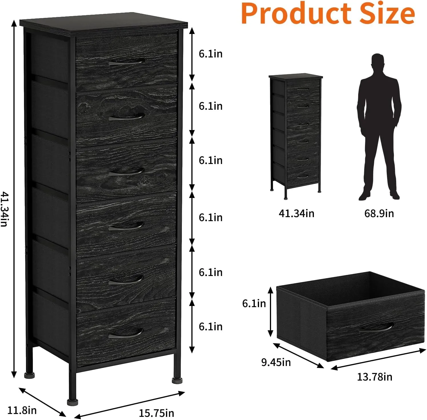 Fixwal Black Oak Tall Dresser for Bedroom, Storage Dresser Organizer with 6 Fabric Drawers, Nightstand Furniture in Closet, Entryway, Hallway, Living Room
