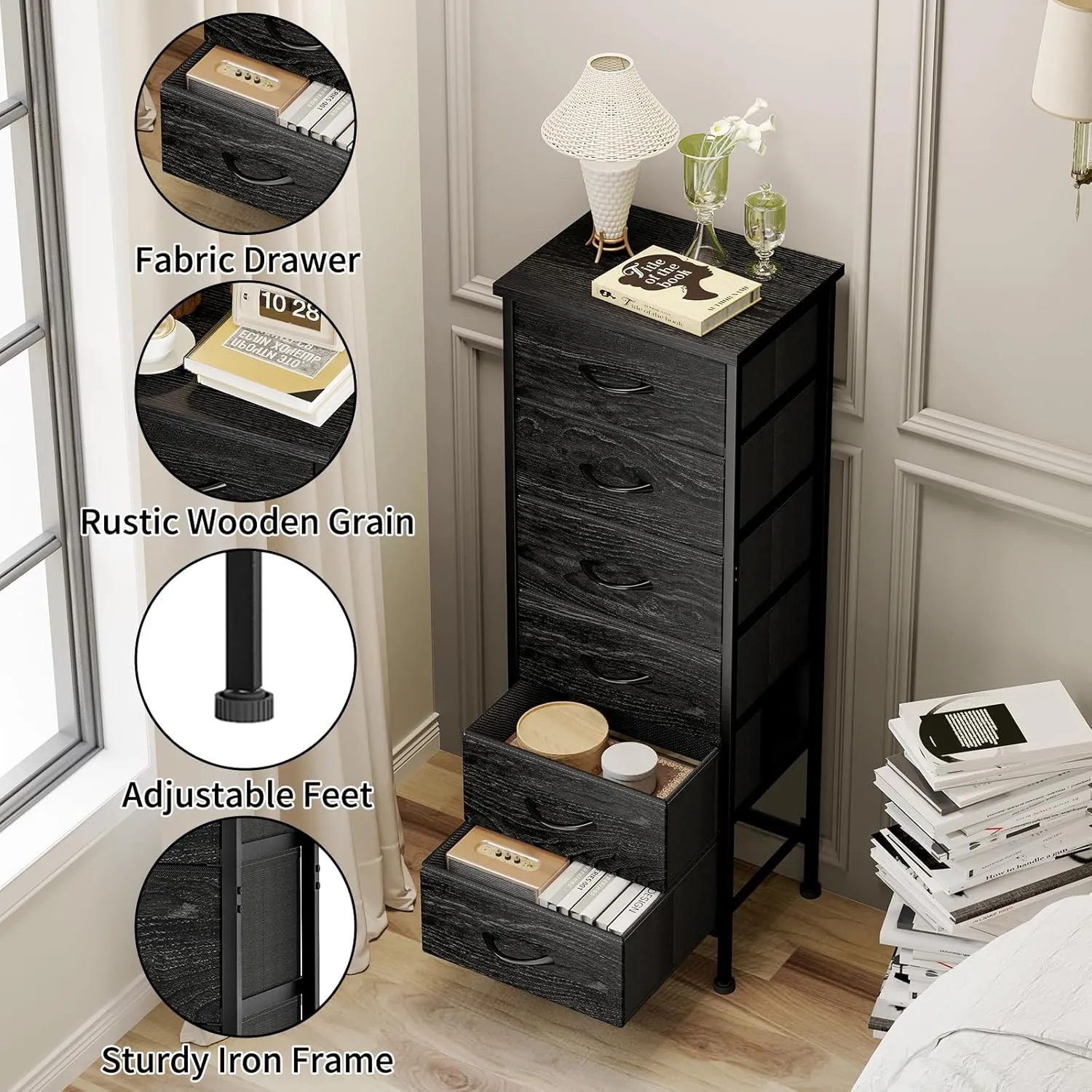 Fixwal Black Oak Tall Dresser for Bedroom, Storage Dresser Organizer with 6 Fabric Drawers, Nightstand Furniture in Closet, Entryway, Hallway, Living Room