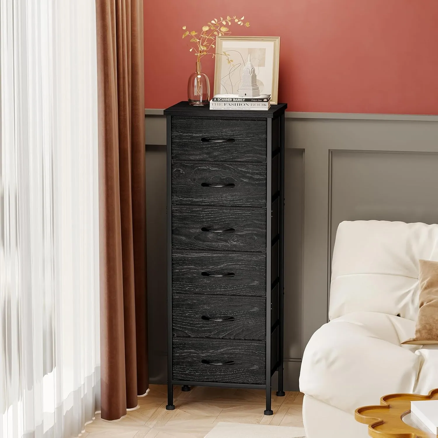 Fixwal Black Oak Tall Dresser for Bedroom, Storage Dresser Organizer with 6 Fabric Drawers, Nightstand Furniture in Closet, Entryway, Hallway, Living Room