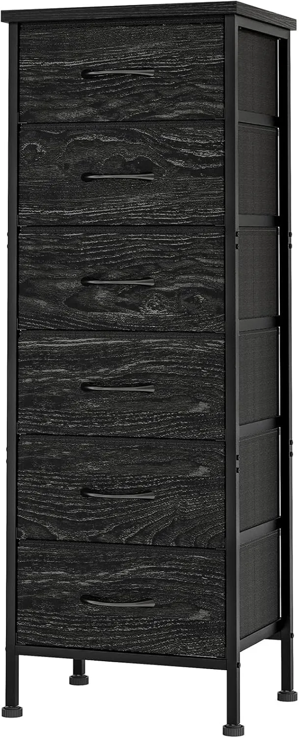 Fixwal Black Oak Tall Dresser for Bedroom, Storage Dresser Organizer with 6 Fabric Drawers, Nightstand Furniture in Closet, Entryway, Hallway, Living Room