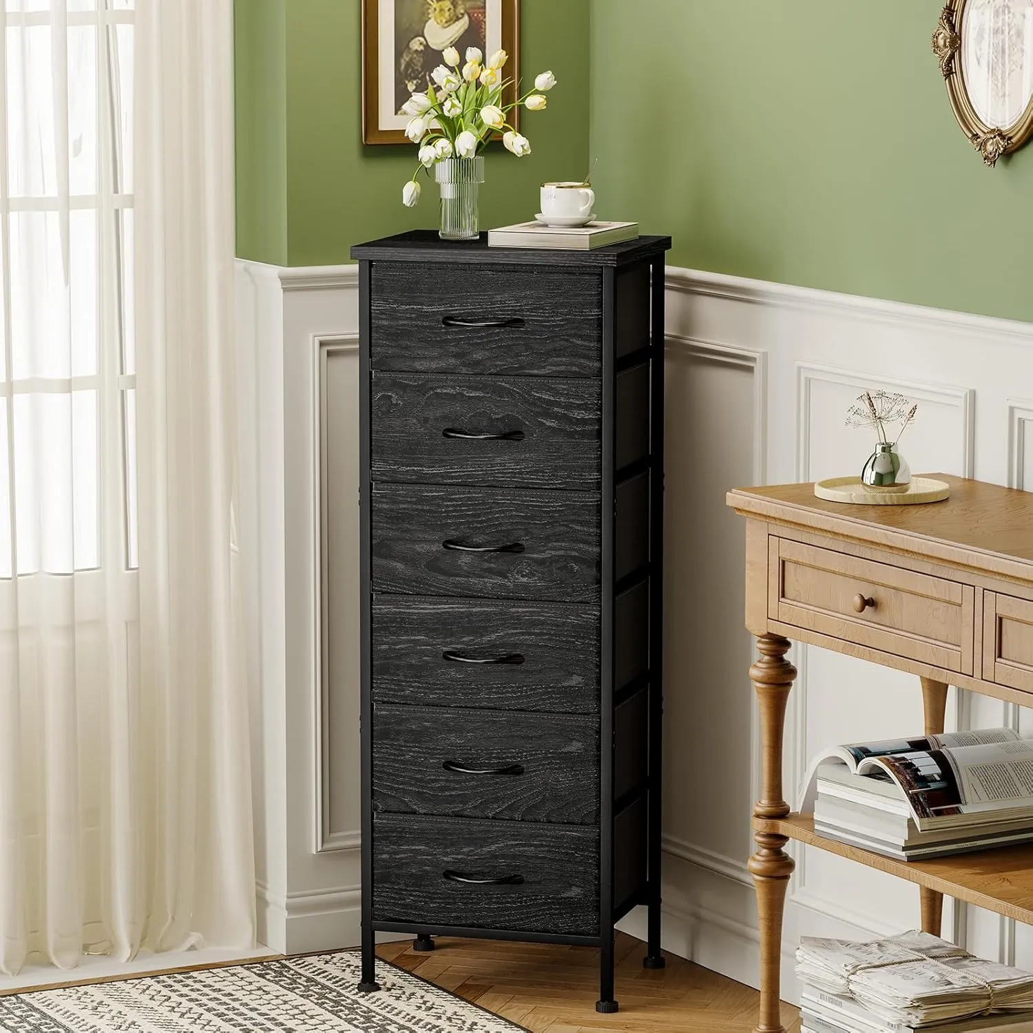 Fixwal Black Oak Tall Dresser for Bedroom, Storage Dresser Organizer with 6 Fabric Drawers, Nightstand Furniture in Closet, Entryway, Hallway, Living Room