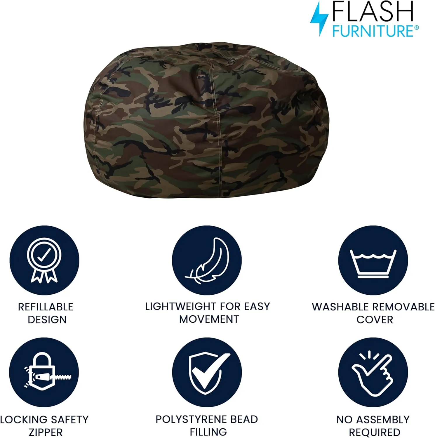 Flash Furniture Duncan Oversized Bean Bag Chair for Kids and Adults, Foam-Filled Beanbag Chair with Machine Washable Cover, Camouflage