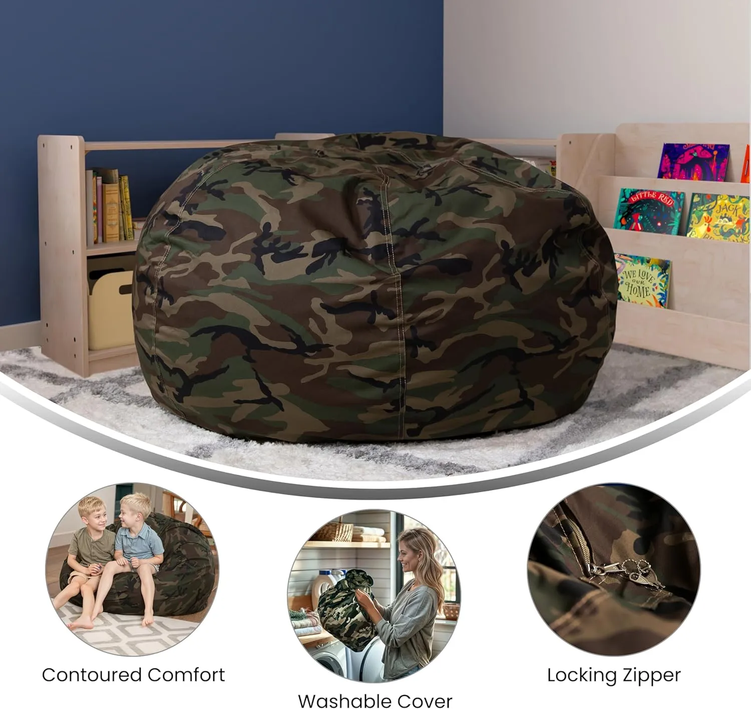 Flash Furniture Duncan Oversized Bean Bag Chair for Kids and Adults, Foam-Filled Beanbag Chair with Machine Washable Cover, Camouflage