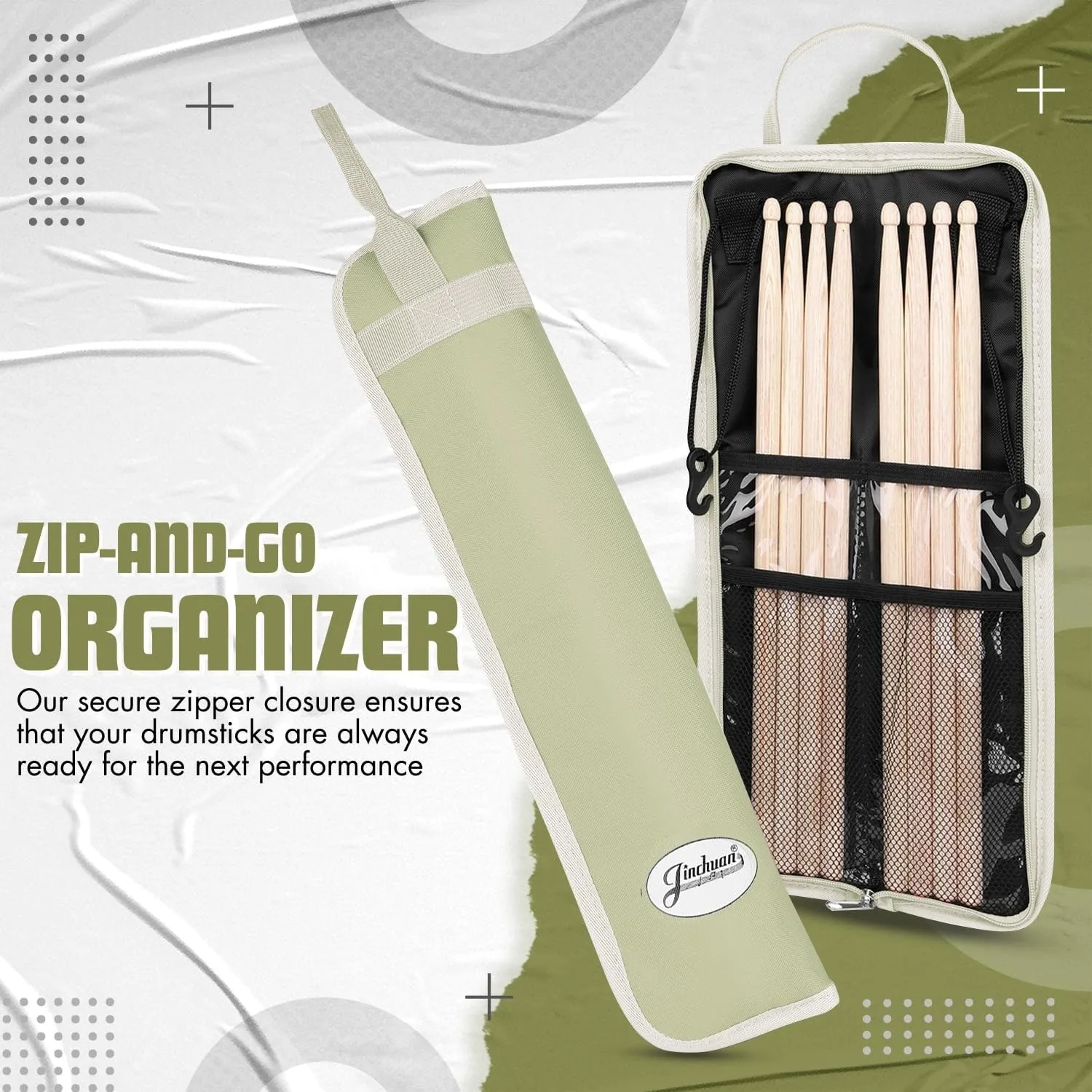 Flexzion Drum Stick Bag Percussion Music Drum Accessories Case with Hook, Card Holder, Adjustable Shoulder Strap Carrying Handle 4 Pairs Drum Sticks Holder Water-Resistant Bag Fabric, Light Olive,