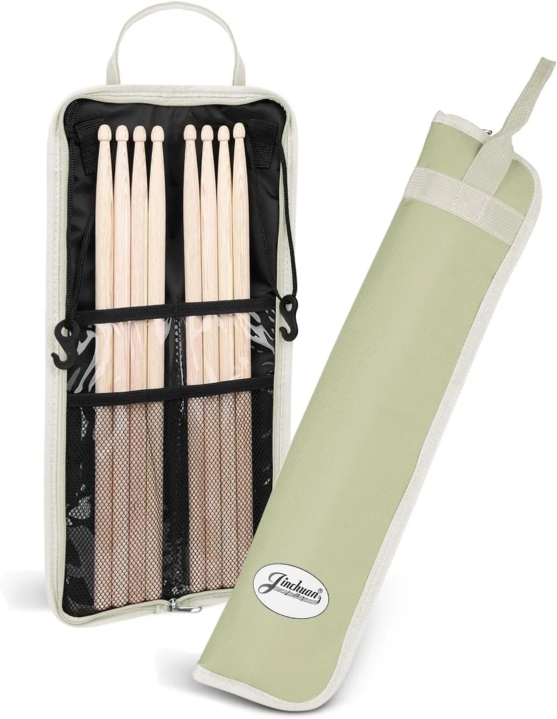Flexzion Drum Stick Bag Percussion Music Drum Accessories Case with Hook, Card Holder, Adjustable Shoulder Strap Carrying Handle 4 Pairs Drum Sticks Holder Water-Resistant Bag Fabric, Light Olive,