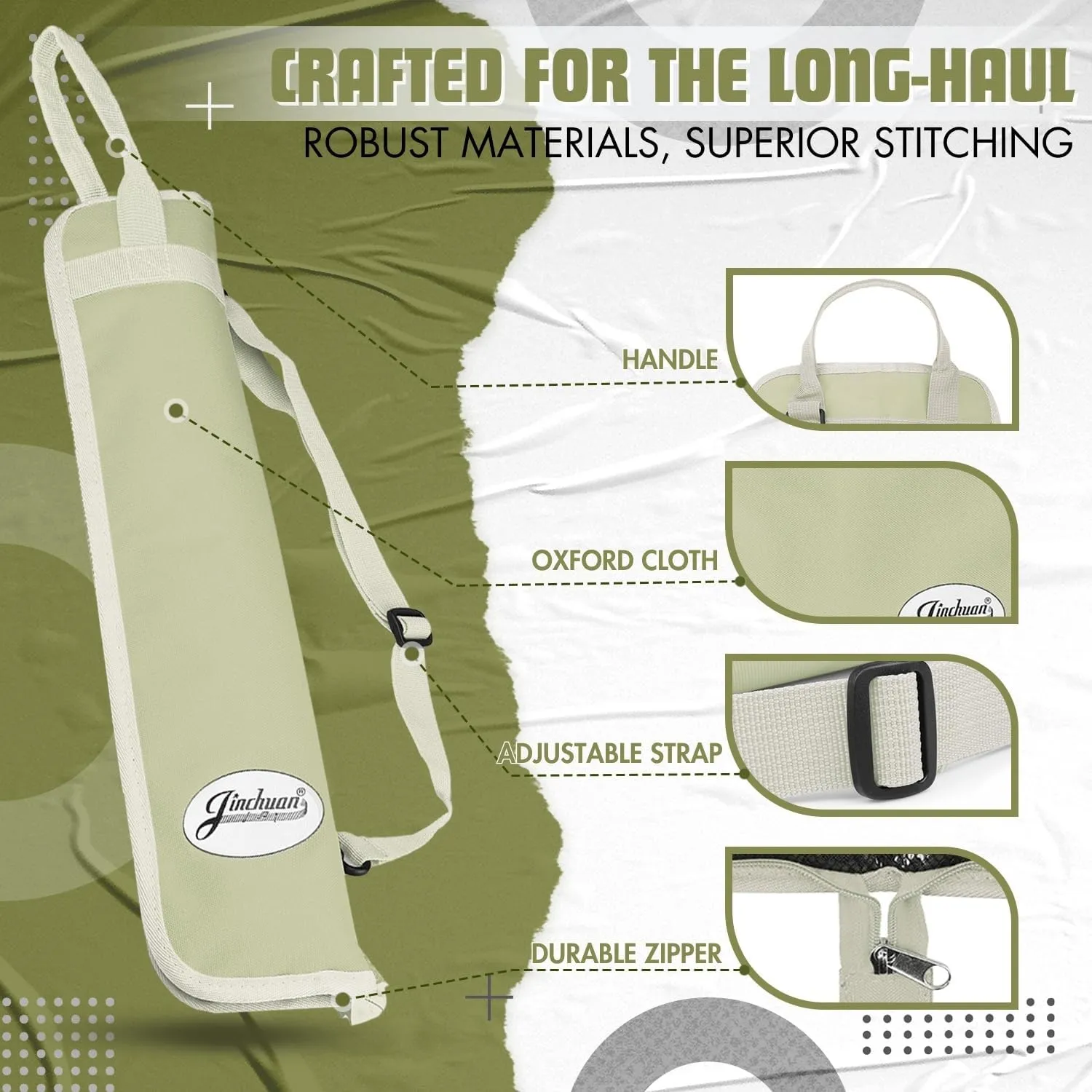 Flexzion Drum Stick Bag Percussion Music Drum Accessories Case with Hook, Card Holder, Adjustable Shoulder Strap Carrying Handle 4 Pairs Drum Sticks Holder Water-Resistant Bag Fabric, Light Olive,