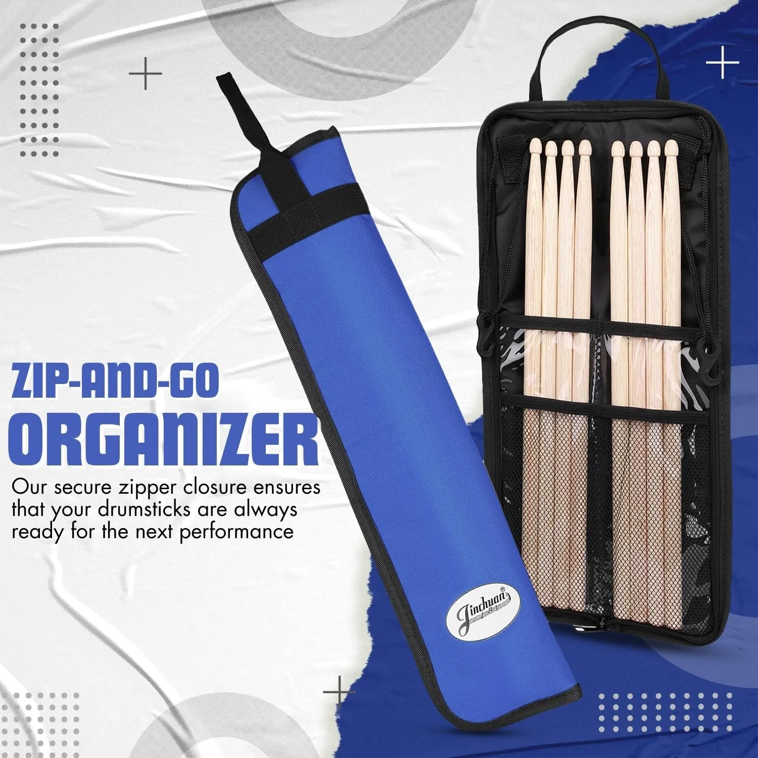Flexzion Drum Stick Bag Percussion Music Drum Accessories Case with Hook, Card Holder, Adjustable Shoulder Strap Carrying Handle 4 Pairs Kid Drum Sticks Holder Water-Resistant Bag Fabric, Cobalt Blue