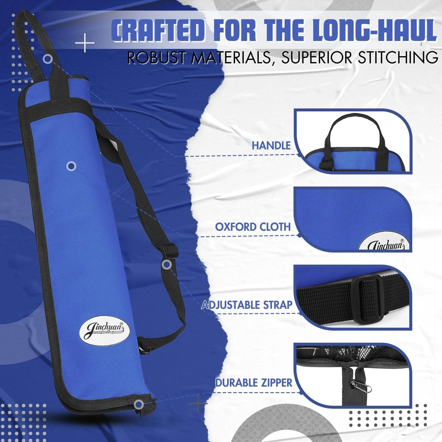 Flexzion Drum Stick Bag Percussion Music Drum Accessories Case with Hook, Card Holder, Adjustable Shoulder Strap Carrying Handle 4 Pairs Kid Drum Sticks Holder Water-Resistant Bag Fabric, Cobalt Blue