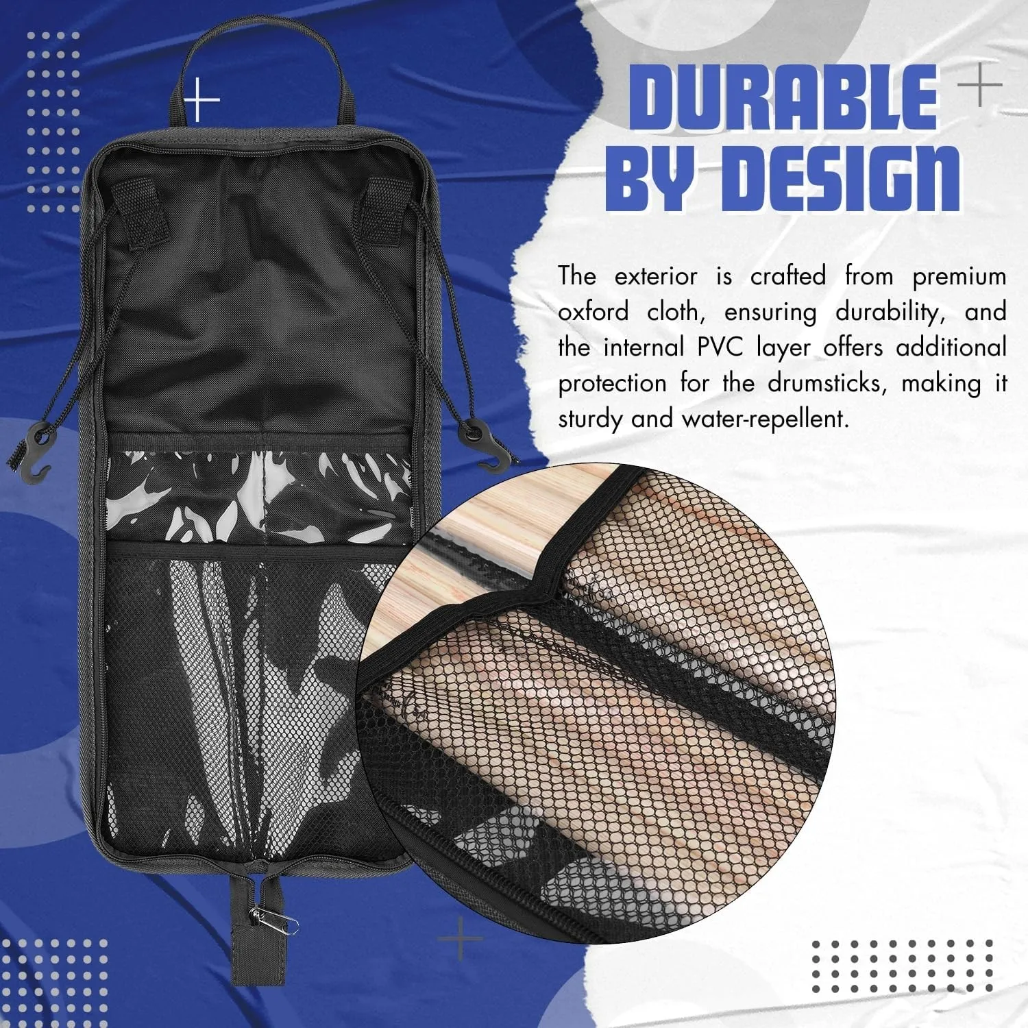 Flexzion Drum Stick Bag Percussion Music Drum Accessories Case with Hook, Card Holder, Adjustable Shoulder Strap Carrying Handle 4 Pairs Kid Drum Sticks Holder Water-Resistant Bag Fabric, Cobalt Blue