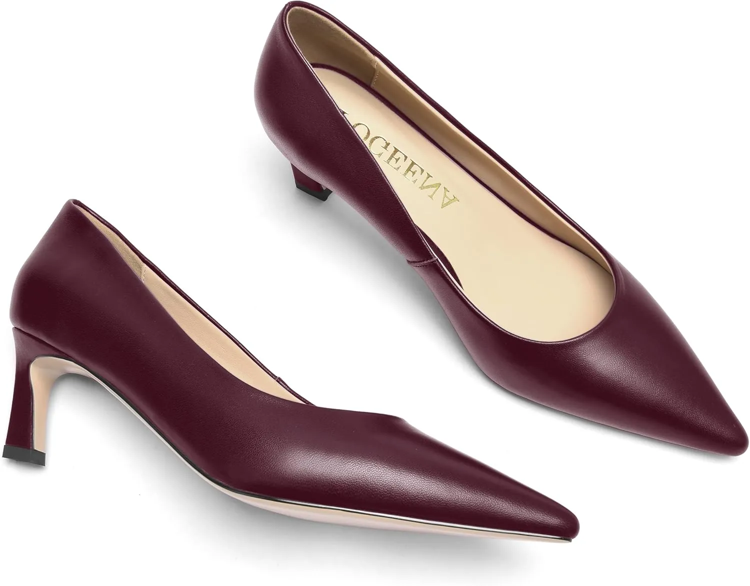 FOGEENA Womens Formal Office Comfortable Matte Leather Slip On Pointed Toe Kitten Low Heel Pumps Dressy Shoes 2 Inch