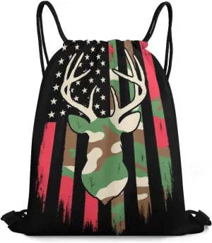 Foldable Drawstring Backpack Bag, Casual Sports Gym Bags Sackpack Bags with Strap, Large Capacity Handbag Shoulder Bag -Camouflage American Flag Hunting Deer Camo Black