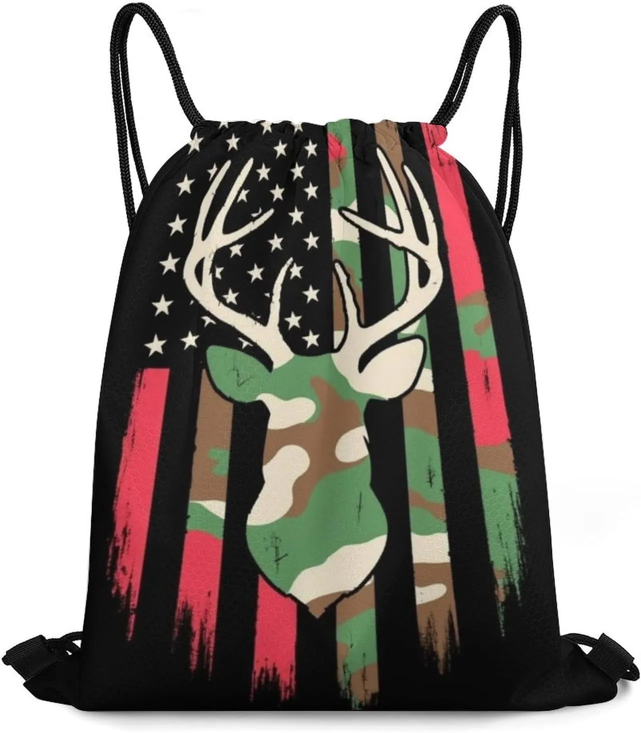 Foldable Drawstring Backpack Bag, Casual Sports Gym Bags Sackpack Bags with Strap, Large Capacity Handbag Shoulder Bag -Camouflage American Flag Hunting Deer Camo Black