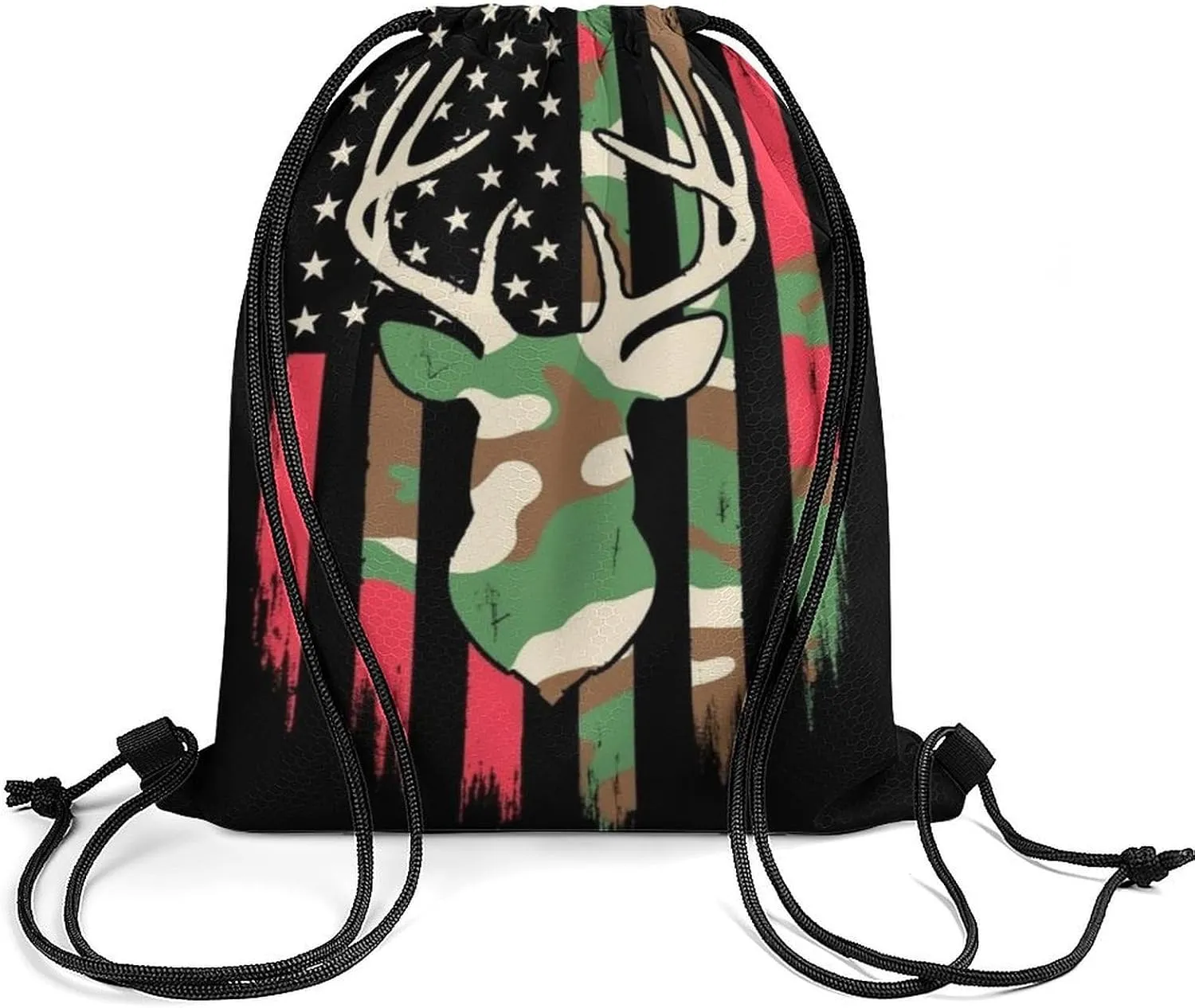 Foldable Drawstring Backpack Bag, Casual Sports Gym Bags Sackpack Bags with Strap, Large Capacity Handbag Shoulder Bag -Camouflage American Flag Hunting Deer Camo Black