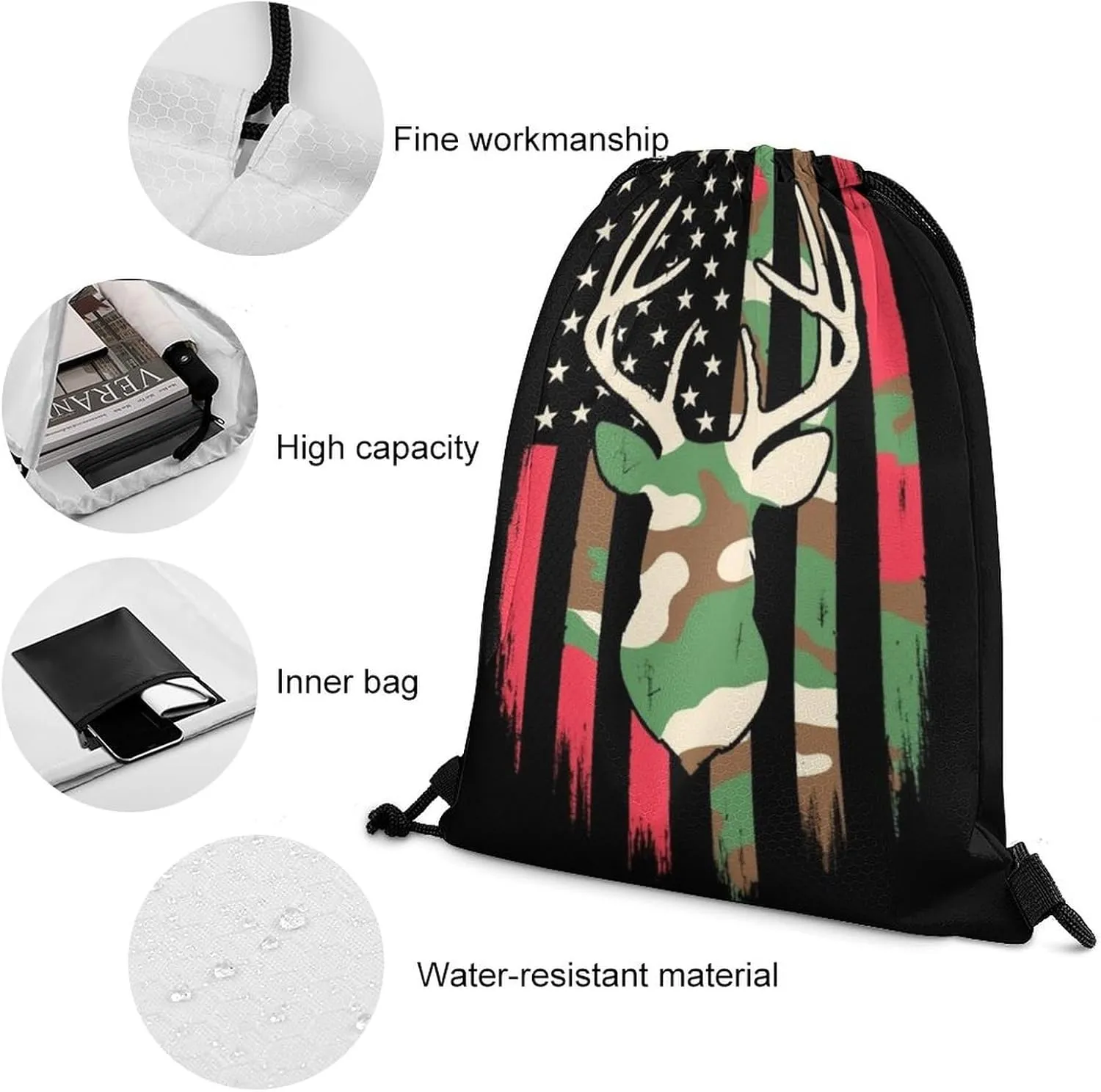 Foldable Drawstring Backpack Bag, Casual Sports Gym Bags Sackpack Bags with Strap, Large Capacity Handbag Shoulder Bag -Camouflage American Flag Hunting Deer Camo Black