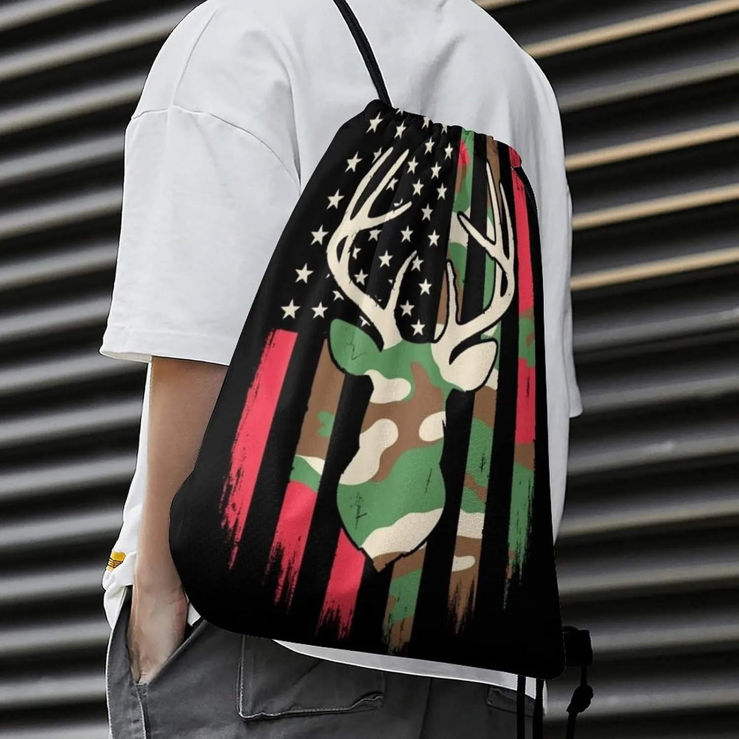 Foldable Drawstring Backpack Bag, Casual Sports Gym Bags Sackpack Bags with Strap, Large Capacity Handbag Shoulder Bag -Camouflage American Flag Hunting Deer Camo Black