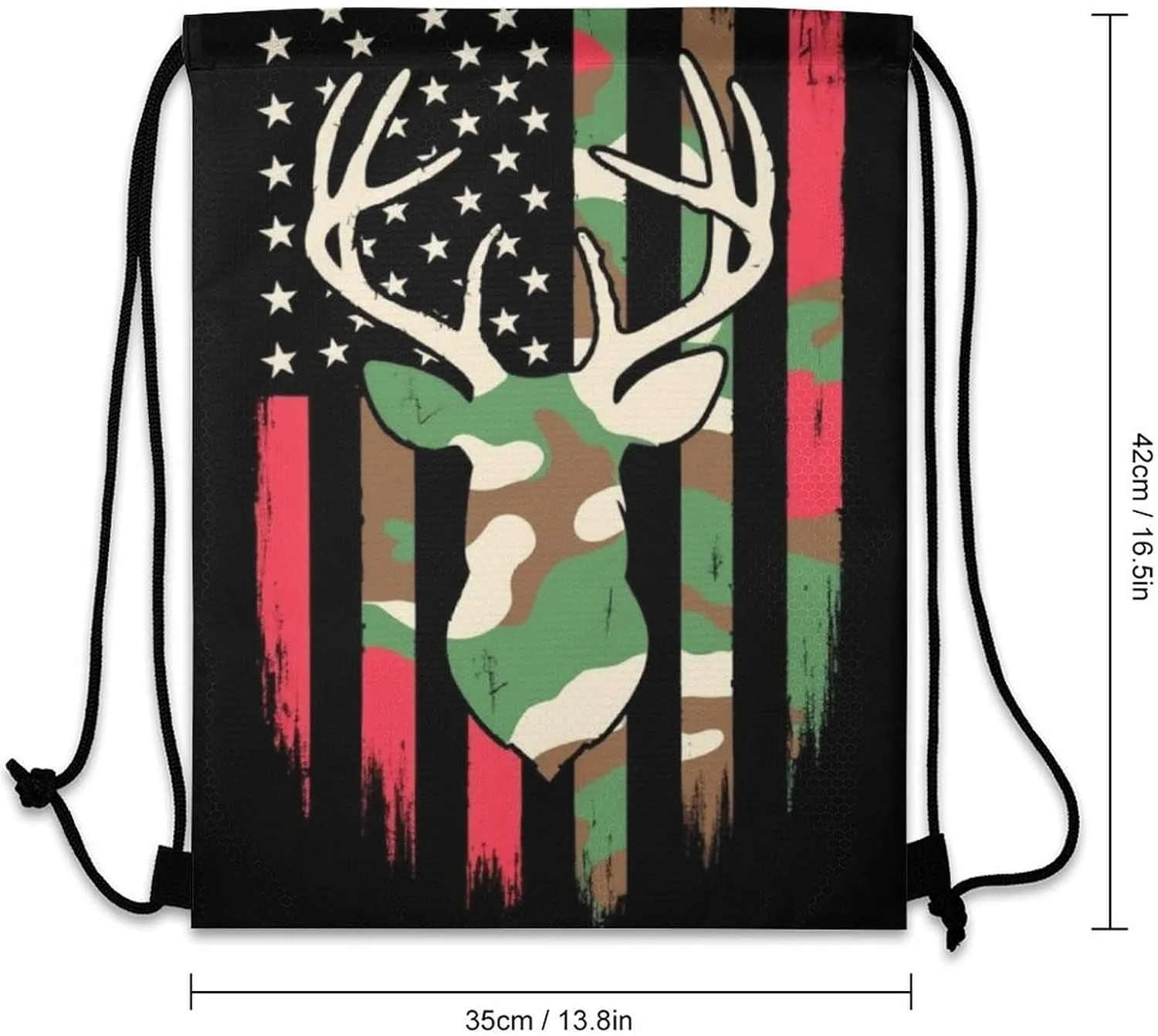 Foldable Drawstring Backpack Bag, Casual Sports Gym Bags Sackpack Bags with Strap, Large Capacity Handbag Shoulder Bag -Camouflage American Flag Hunting Deer Camo Black