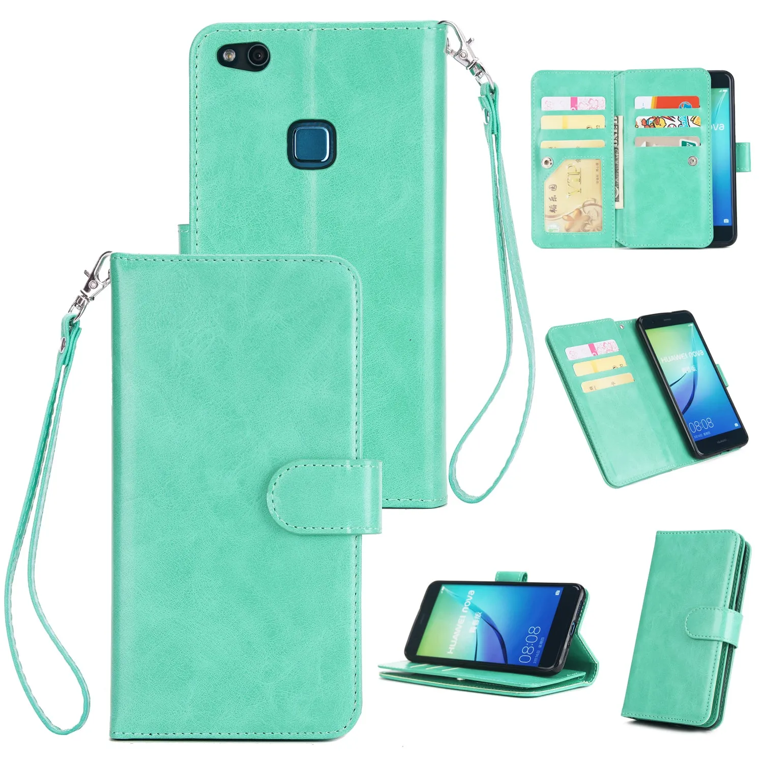 For HUAWEI P10 Lite Leather Protective Phone Case with 9 Card Position Buckle Bracket Lanyard gold