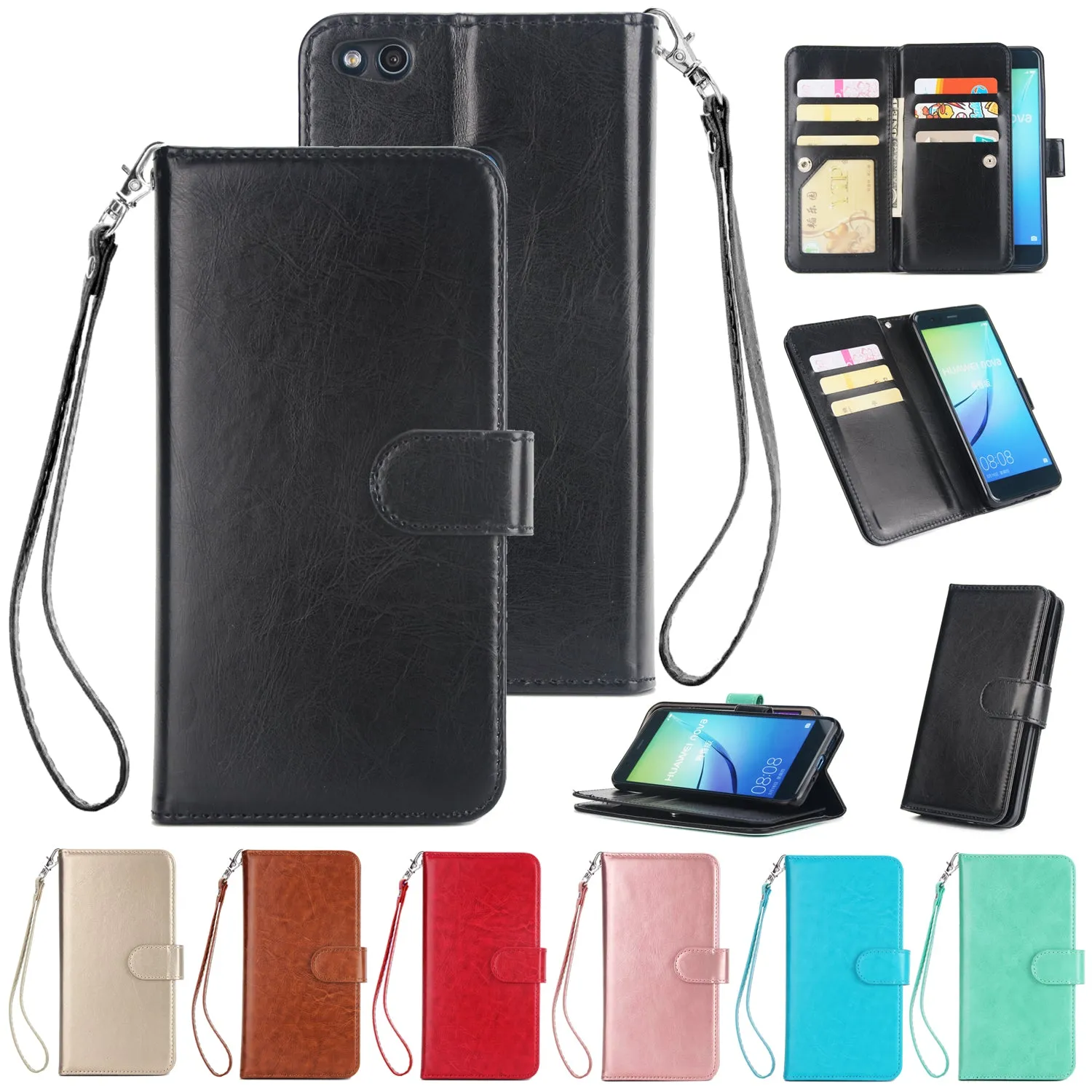 For HUAWEI P10 Lite Leather Protective Phone Case with 9 Card Position Buckle Bracket Lanyard gold