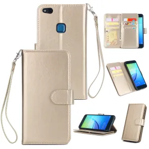 For HUAWEI P10 Lite Leather Protective Phone Case with 9 Card Position Buckle Bracket Lanyard gold