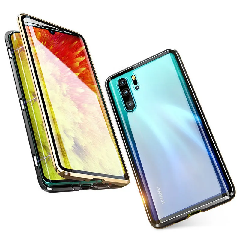For Huawei P30 Pro/P30 Lite/P30 Front Back Glass Cover Luxury Aluminum Metal Magnet Adsorption Phone Case black_Huawei P30 lite