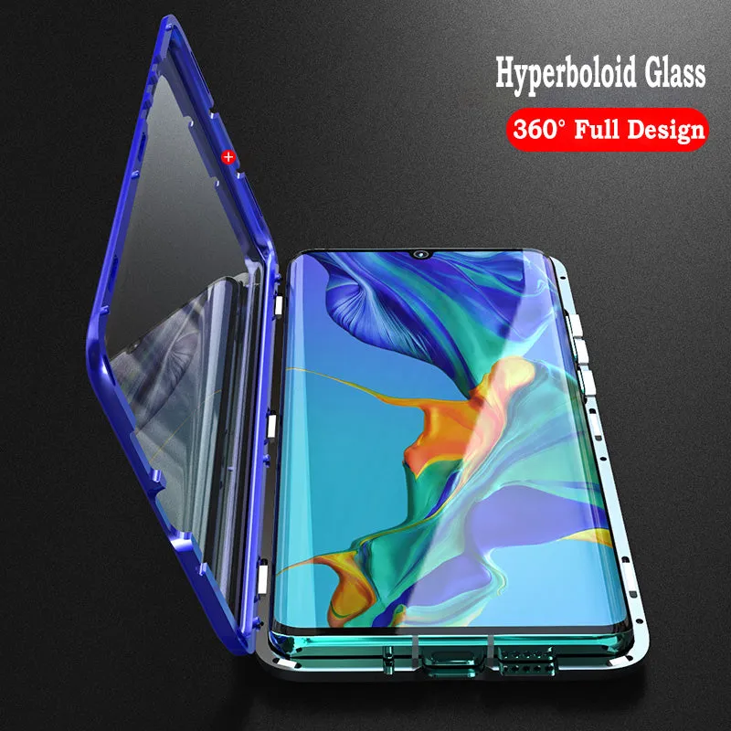 For Huawei P30 Pro/P30 Lite/P30 Front Back Glass Cover Luxury Aluminum Metal Magnet Adsorption Phone Case black_Huawei P30 lite