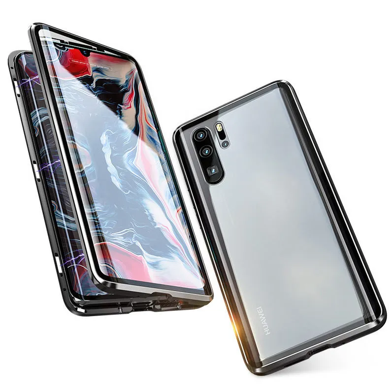 For Huawei P30 Pro/P30 Lite/P30 Front Back Glass Cover Luxury Aluminum Metal Magnet Adsorption Phone Case black_Huawei P30 lite
